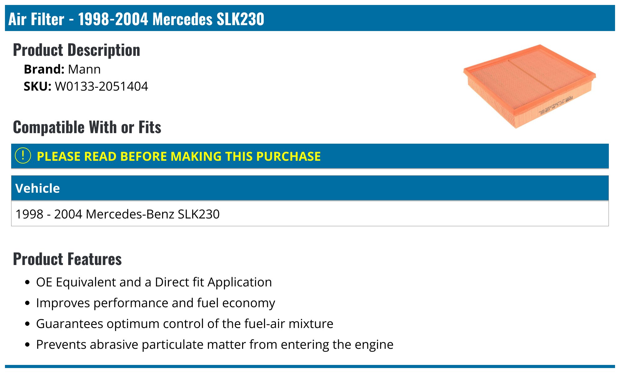 1998-2004 Mercedes SLK230 Air Filter - Mann C 24 106 1998-2004 Mercedes SLK230 Air Filter - Mann C 24 106