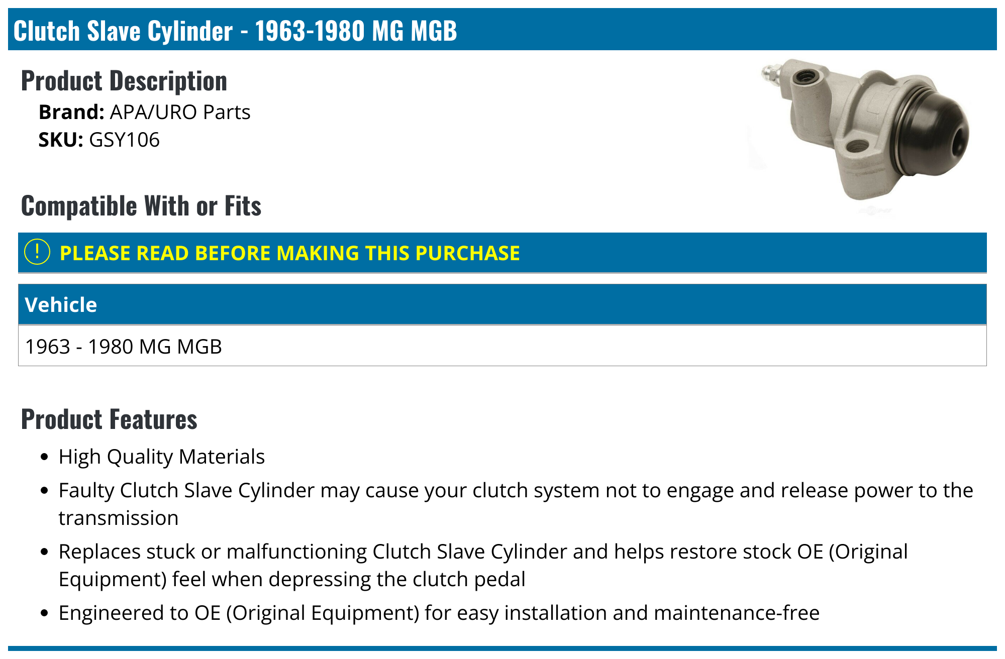 19631980 MG MGB Clutch Slave Cylinder APA/URO Parts GSY106