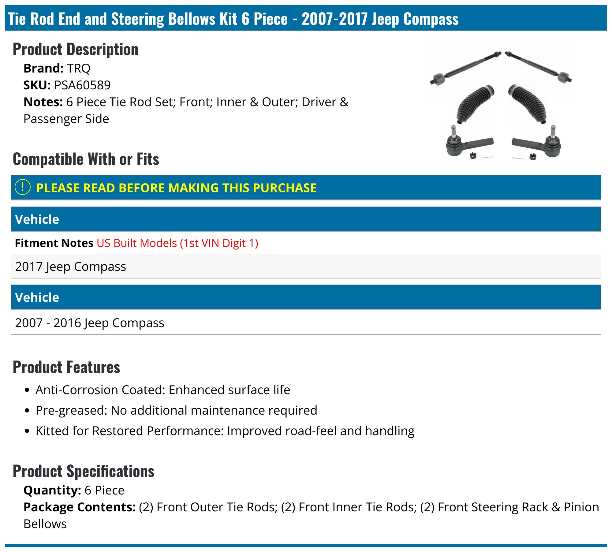 Topcn-autoparts Front Tie Rod Kit For 2007-2014 Jeep Compass – 4x Inner & Outer Links, Greasable, 10-Year Warranty