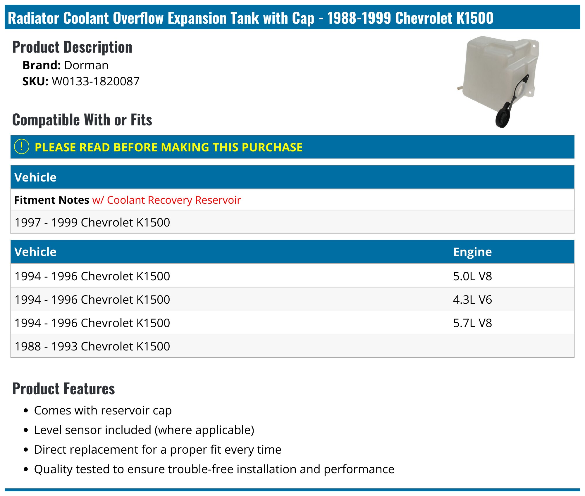 A-Premium Coolant Overflow Recovery Expansion Tank W/Cap & Hose