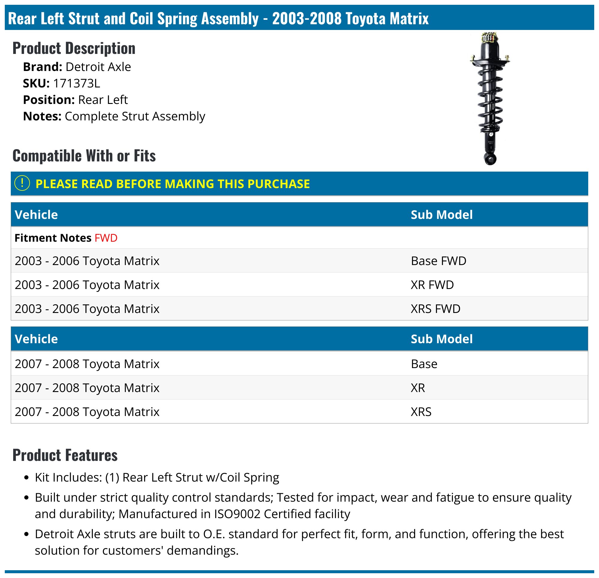 2003-2008 Toyota Matrix Strut Assembly - Detroit Axle 171373L