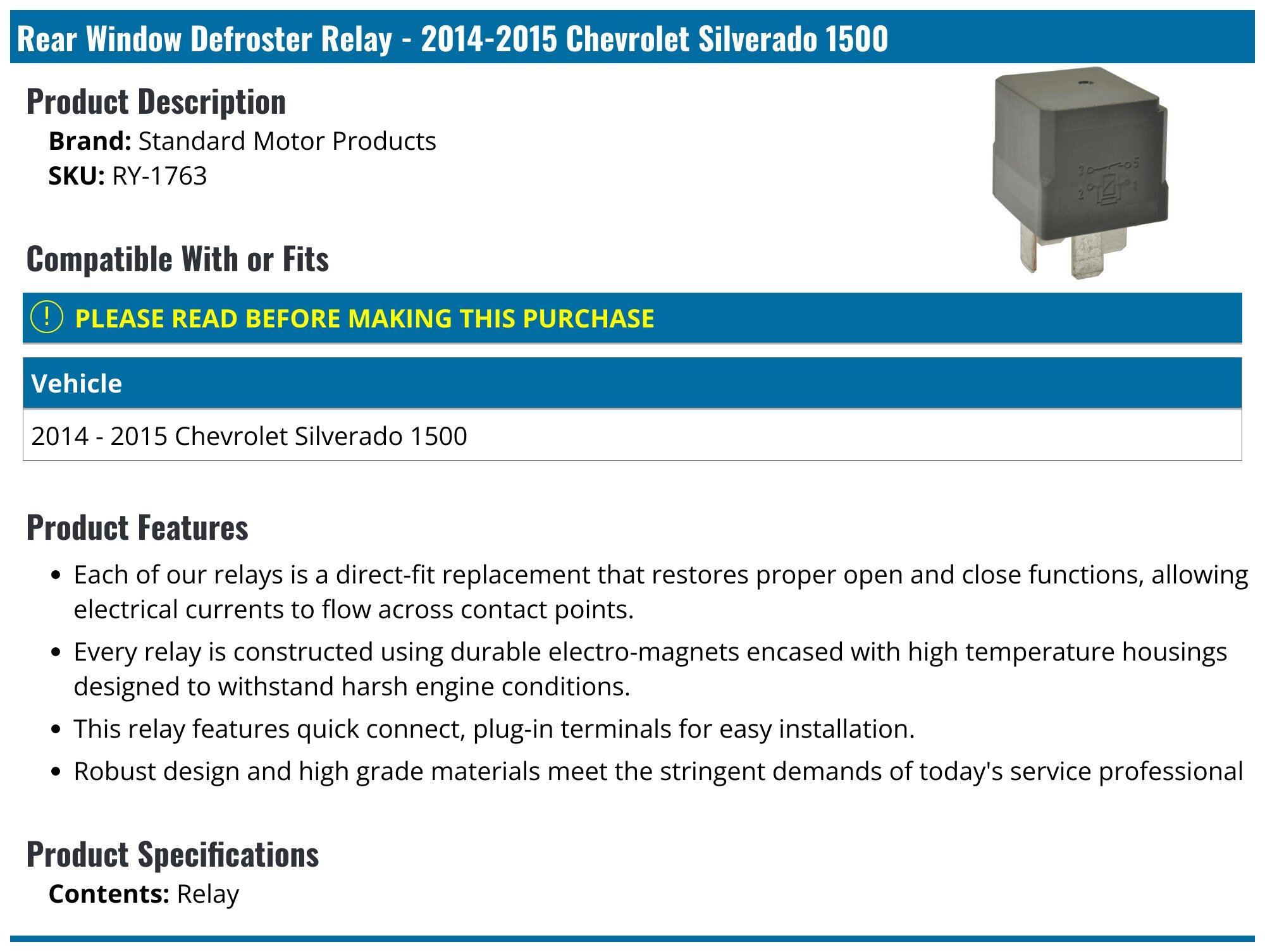 2014-2015 Chevrolet Silverado 1500 Rear Window Defroster Relay