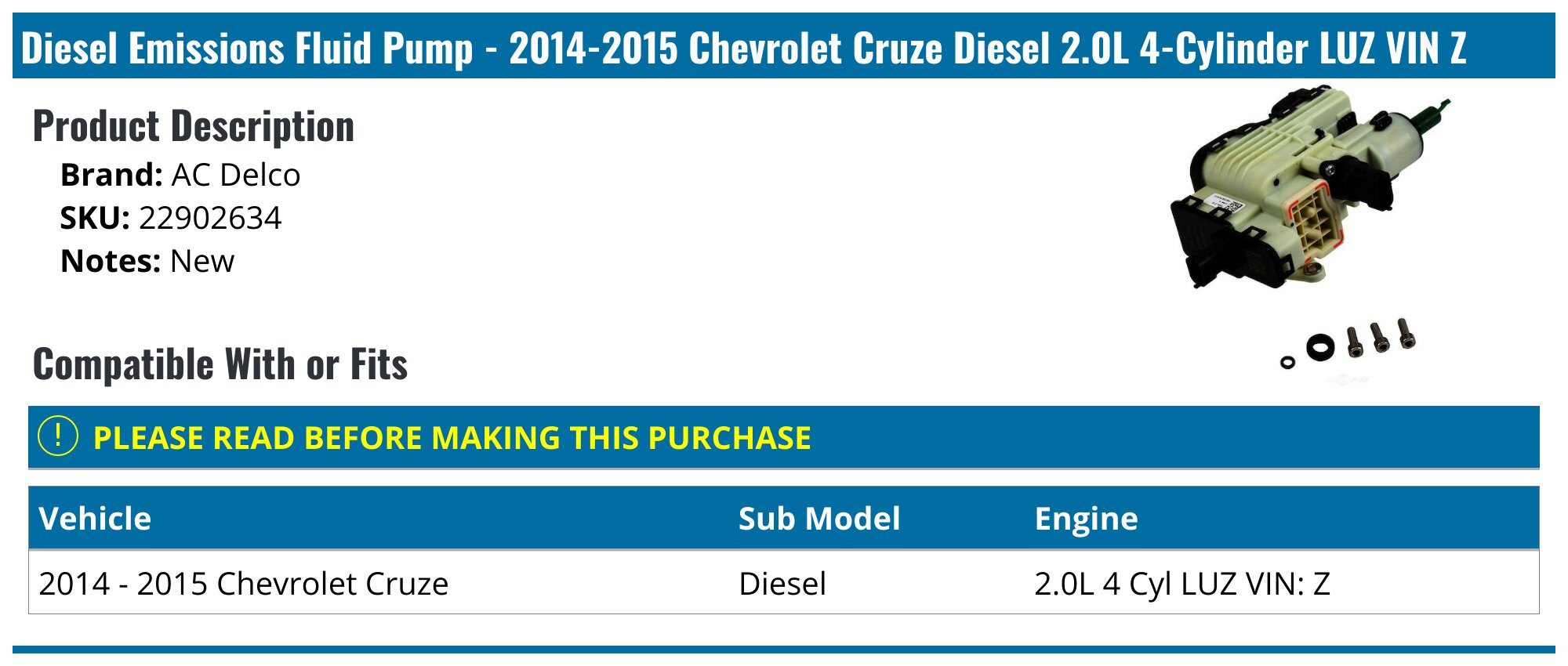 2014-2015 Chevrolet Cruze Diesel Emissions Fluid Pump - AC Delco