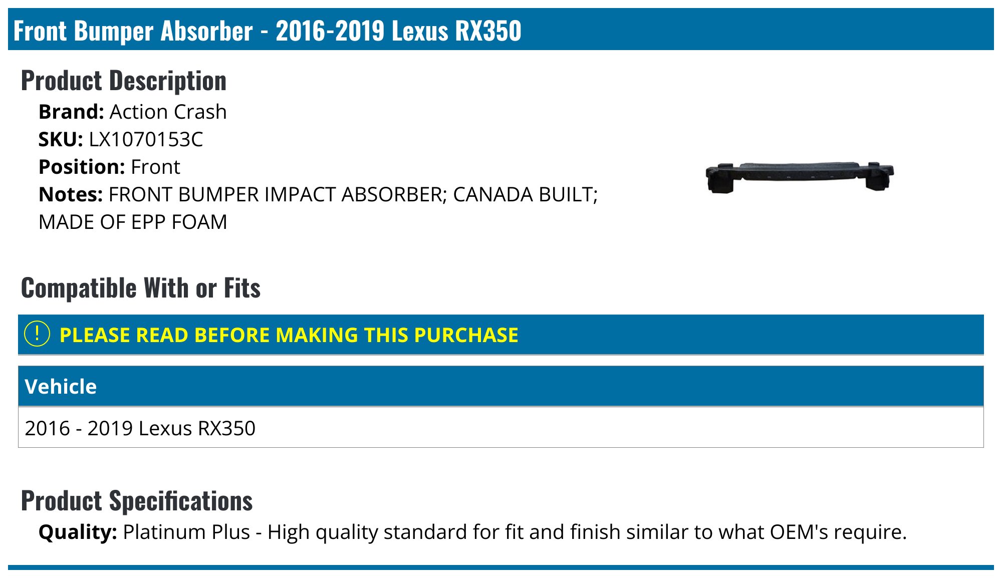 2016-2019 Lexus RX350 Bumper Absorber - Action Crash LX1070153C
