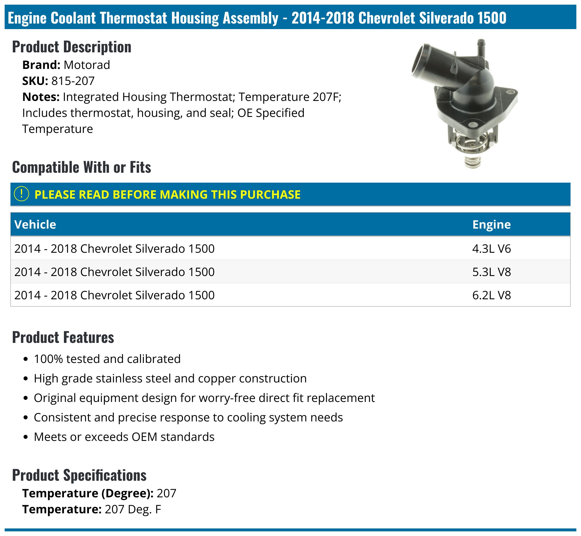 2014-2018 Chevrolet Silverado 1500 Thermostat Housing - Motorad