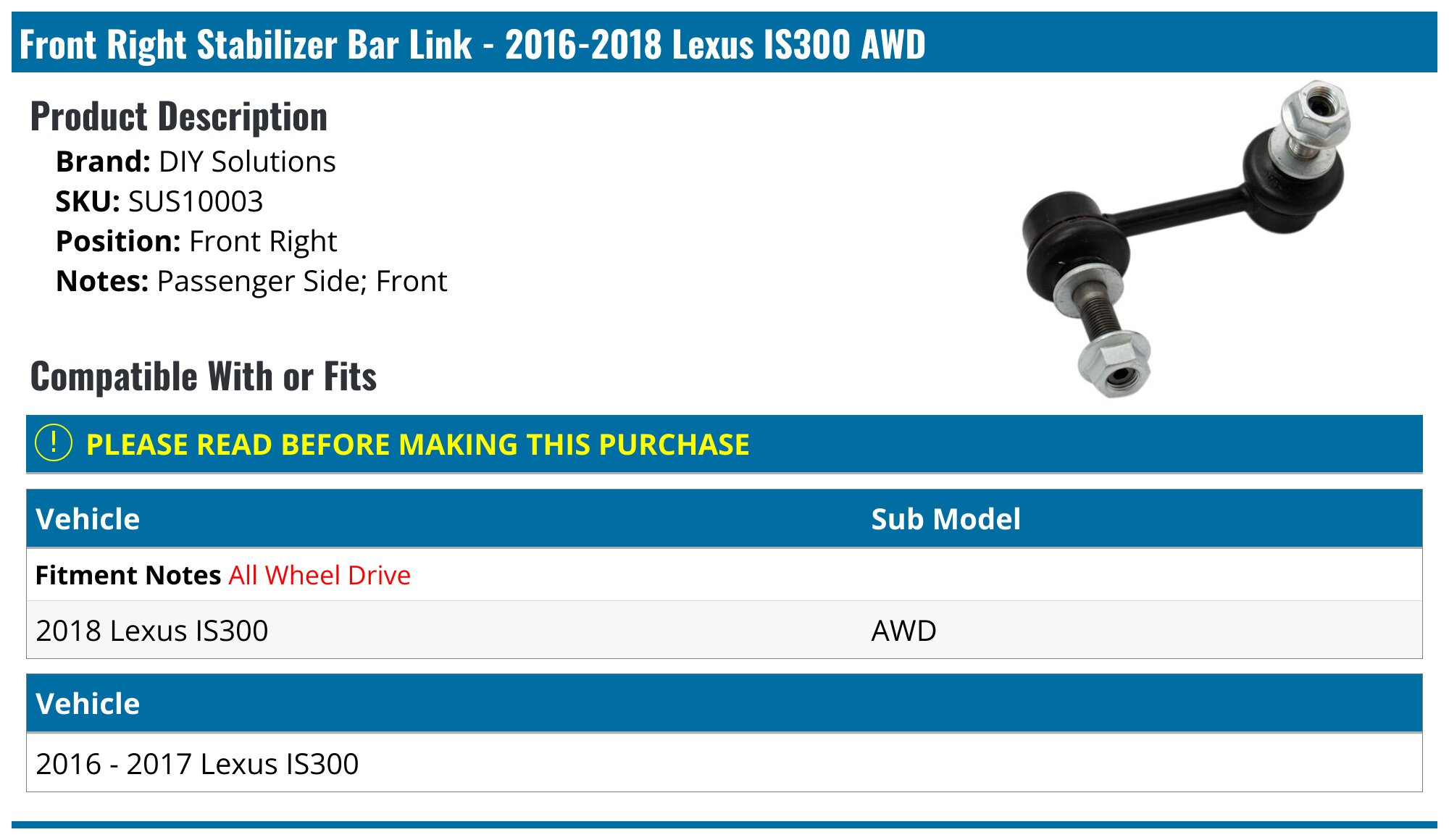 囧ページ 2016-2018 Lexus IS300 Sway Bar Link - DIY Solutions SUS10003