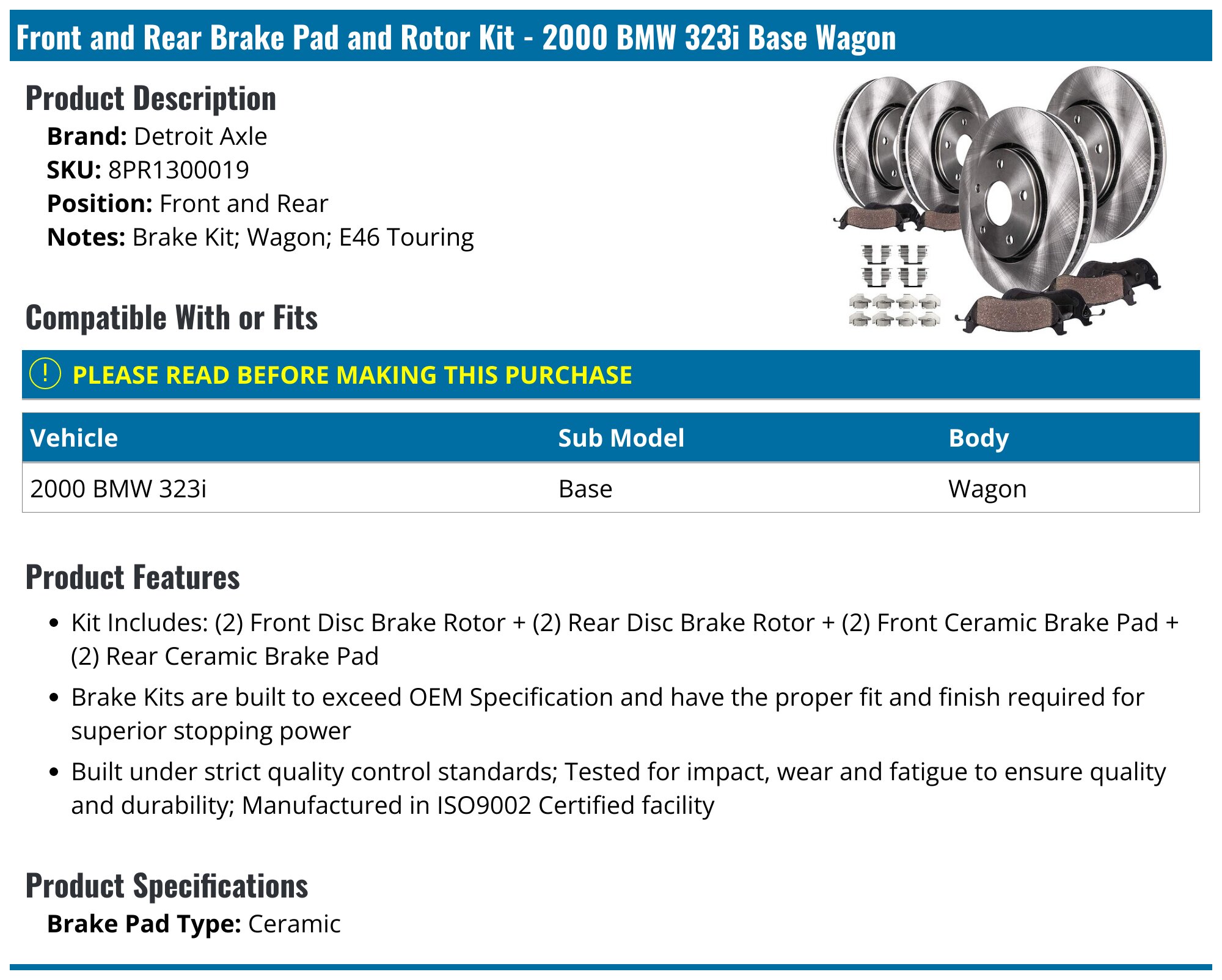 Complete E-Approved Brake Kit For BMW E46 323i (1998-2000) – Front & Rear Discs, Pads, And Handbrake Shoes