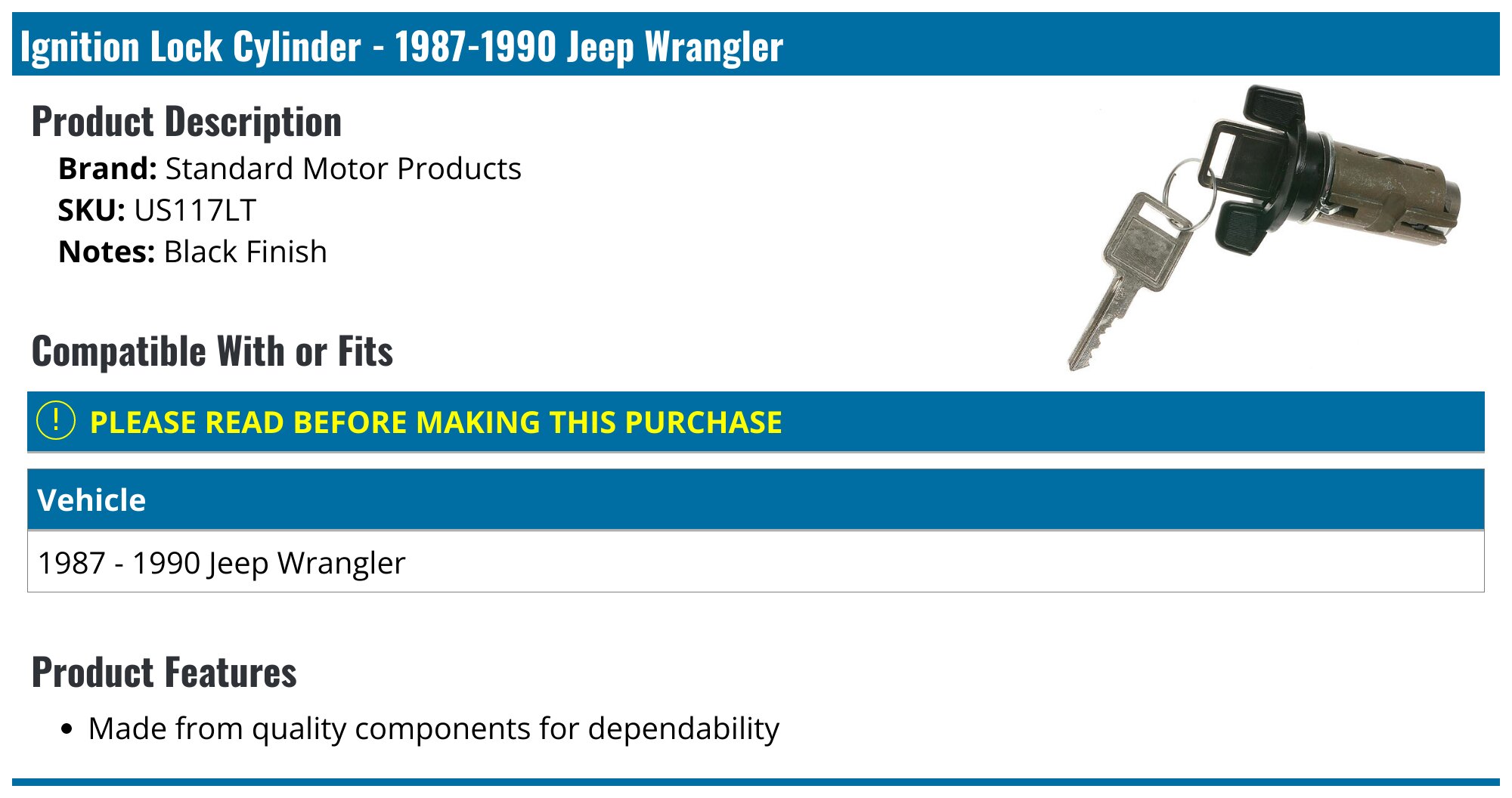 1987-1990 Jeep Wrangler Ignition Lock Cylinder - Standard Motor