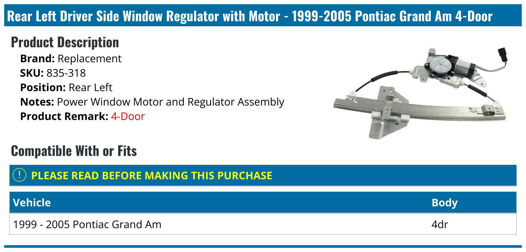 電動パワーウィンドウレギュレーター モーター付き Pontiac Grand Am