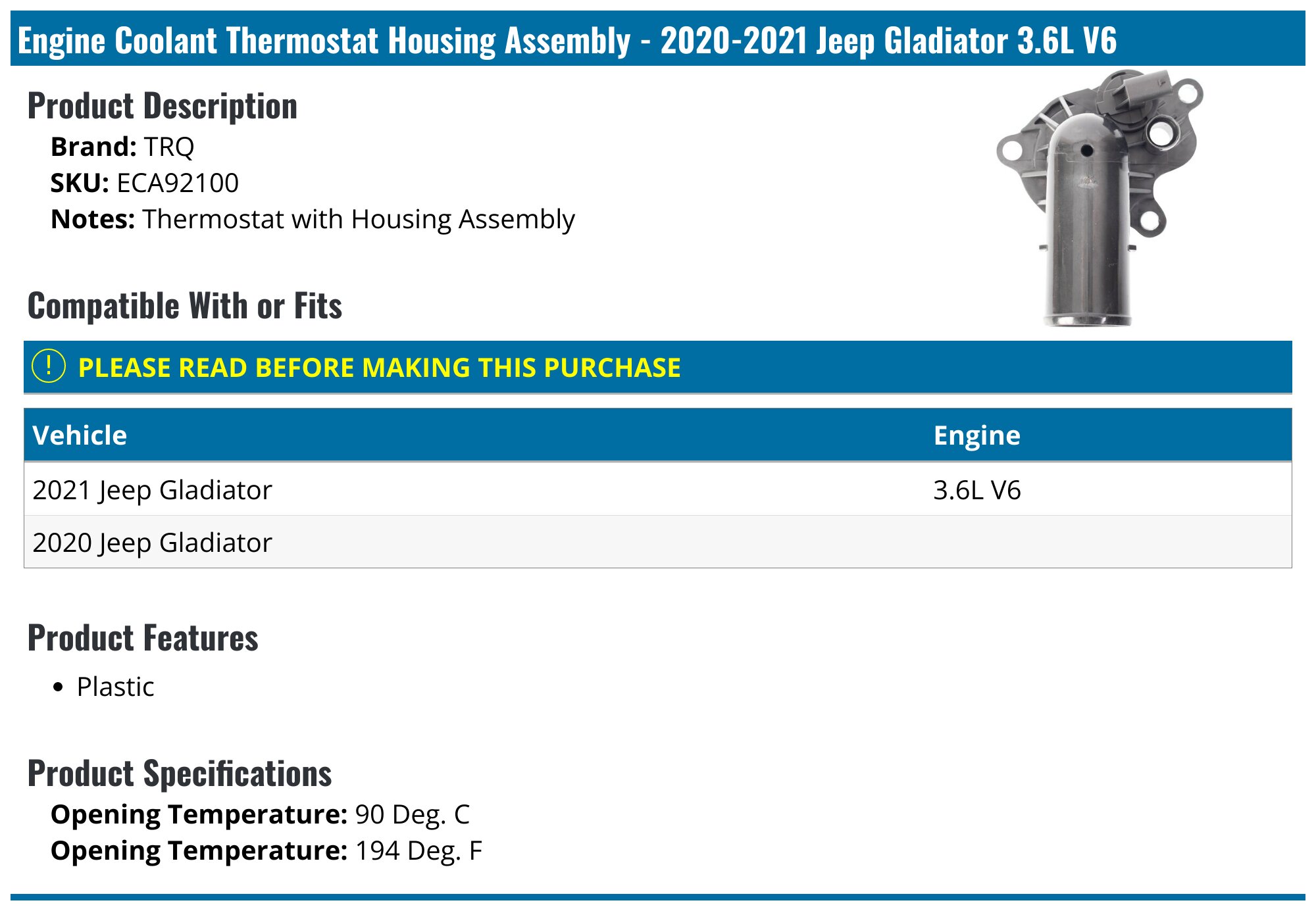 2020-2022 Jeep Gladiator Thermostat Housing - TRQ ECA92100