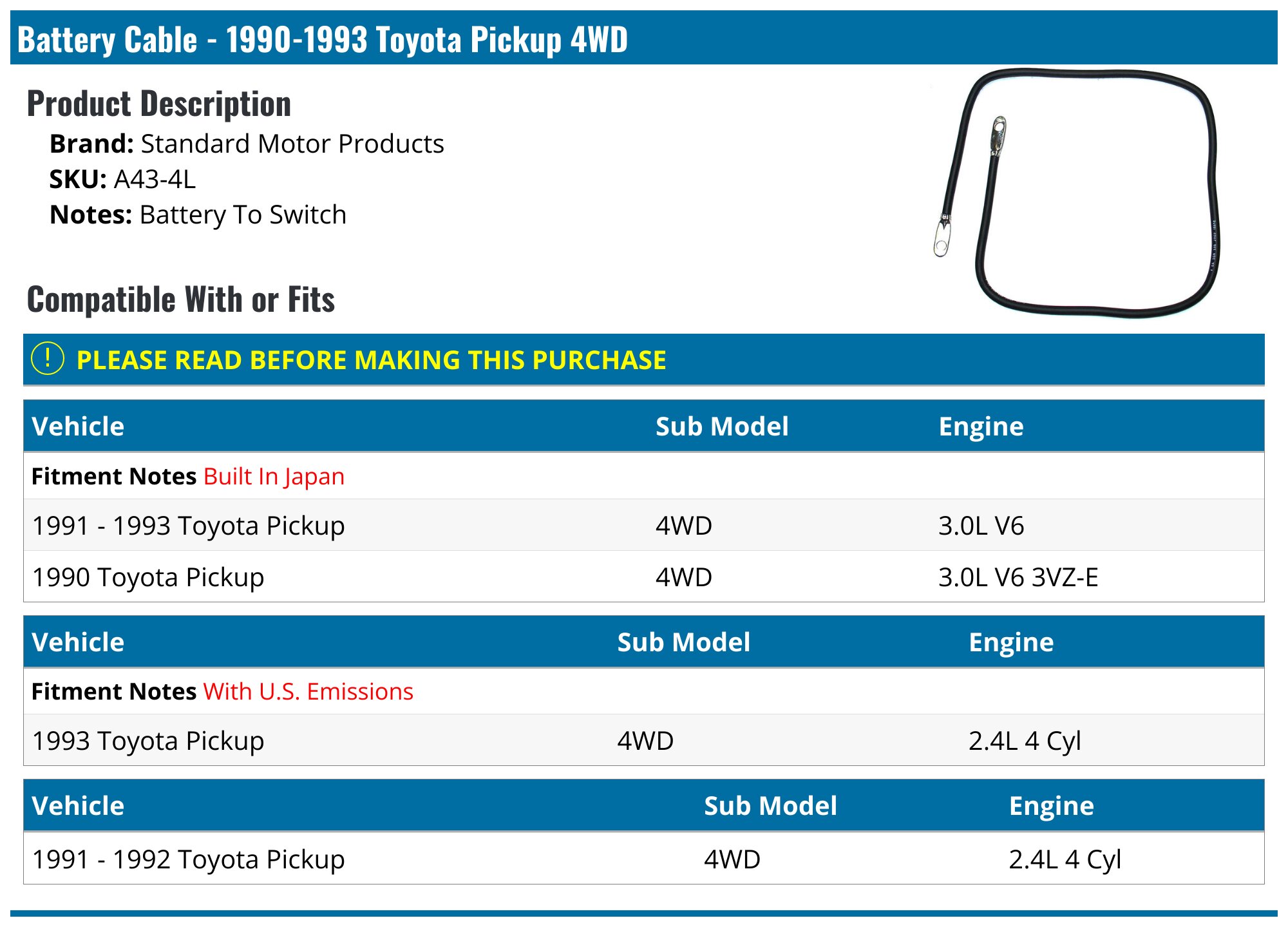 1990-1993 Toyota Pickup Battery Cable - Standard Motor Products A43-4L ...