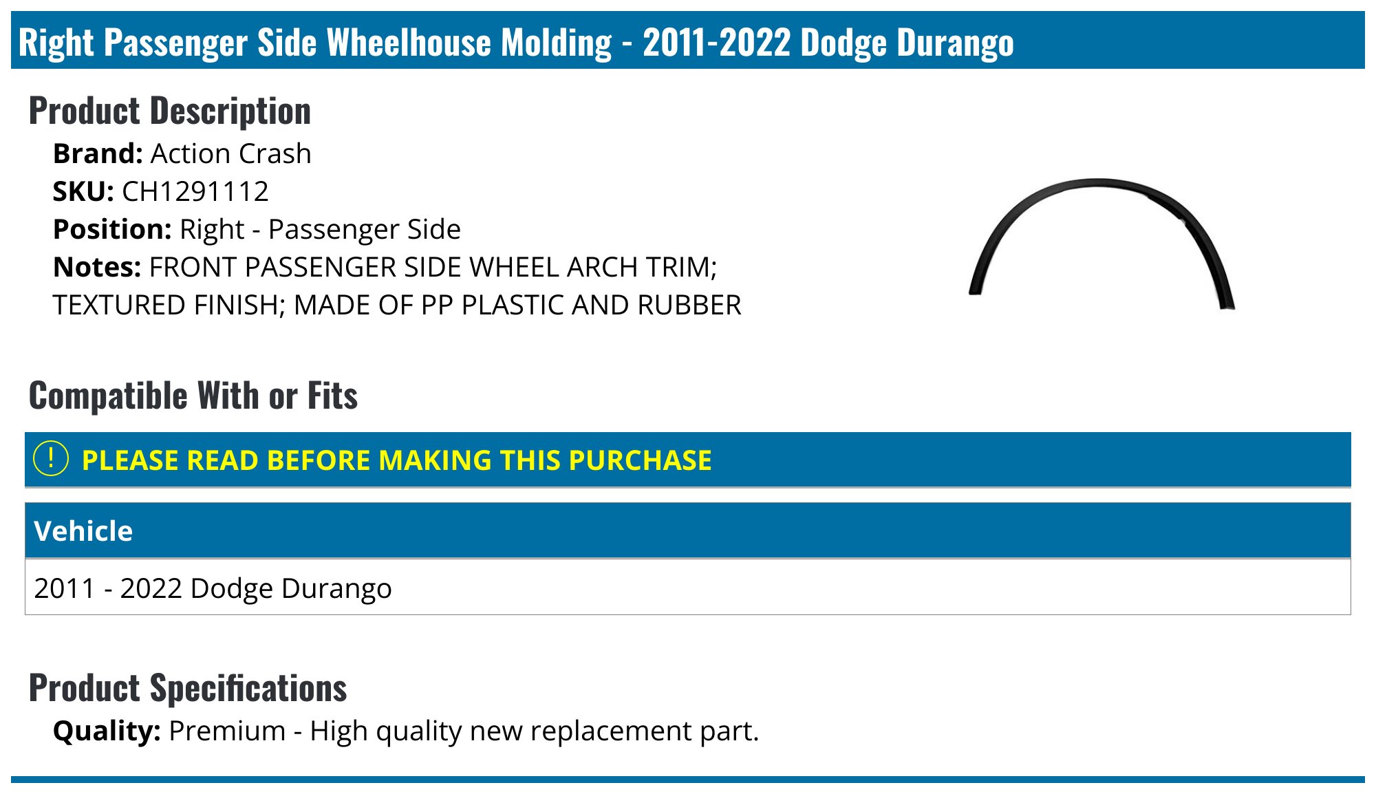 Front Passenger Side Fender Flare For Dodge Durango 2011-2022 - Textured Black - Silscvtt