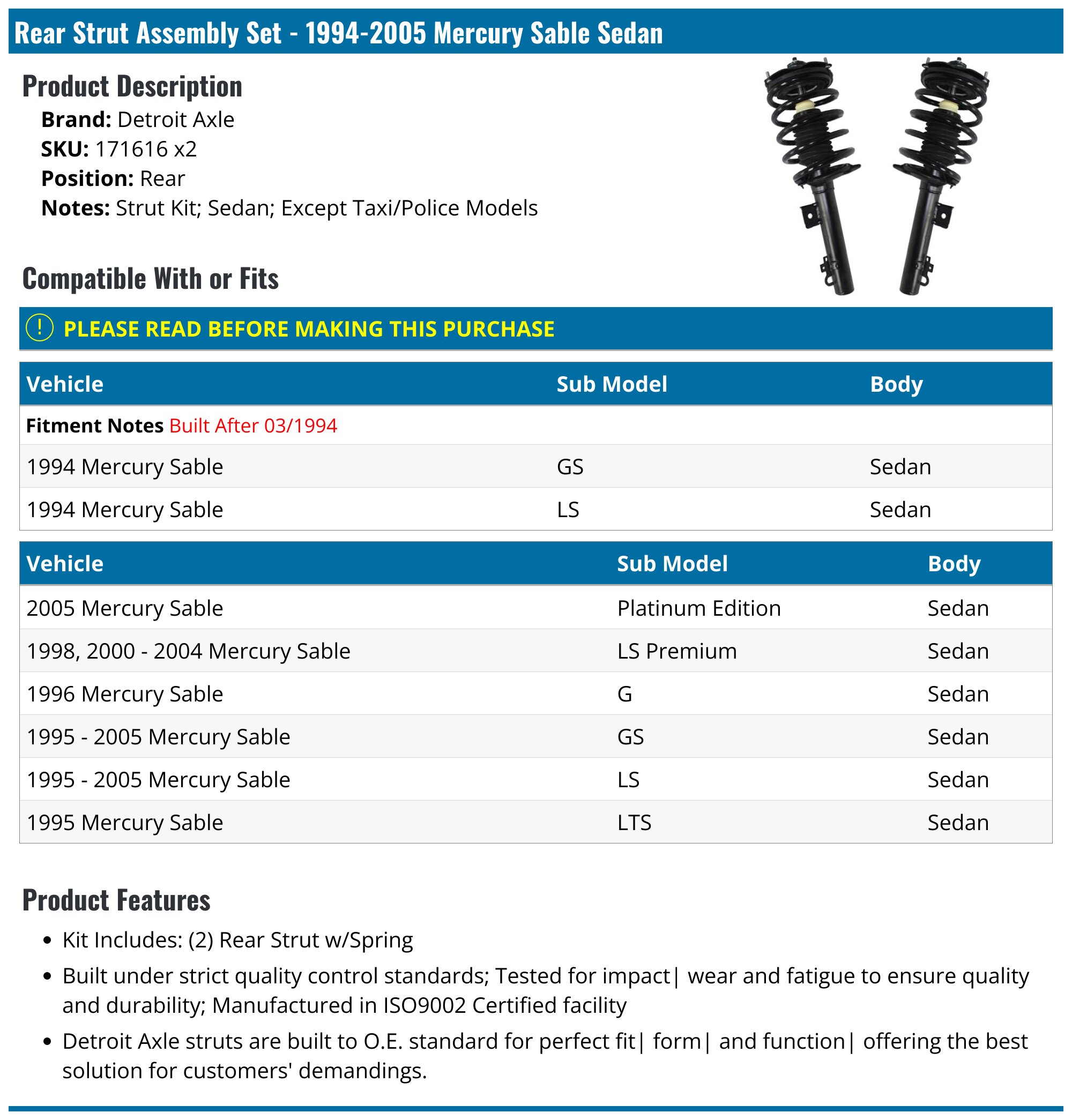 セット1 1994-2005 Mercury Sable Strut Assembly - Detroit Axle 171616 x2