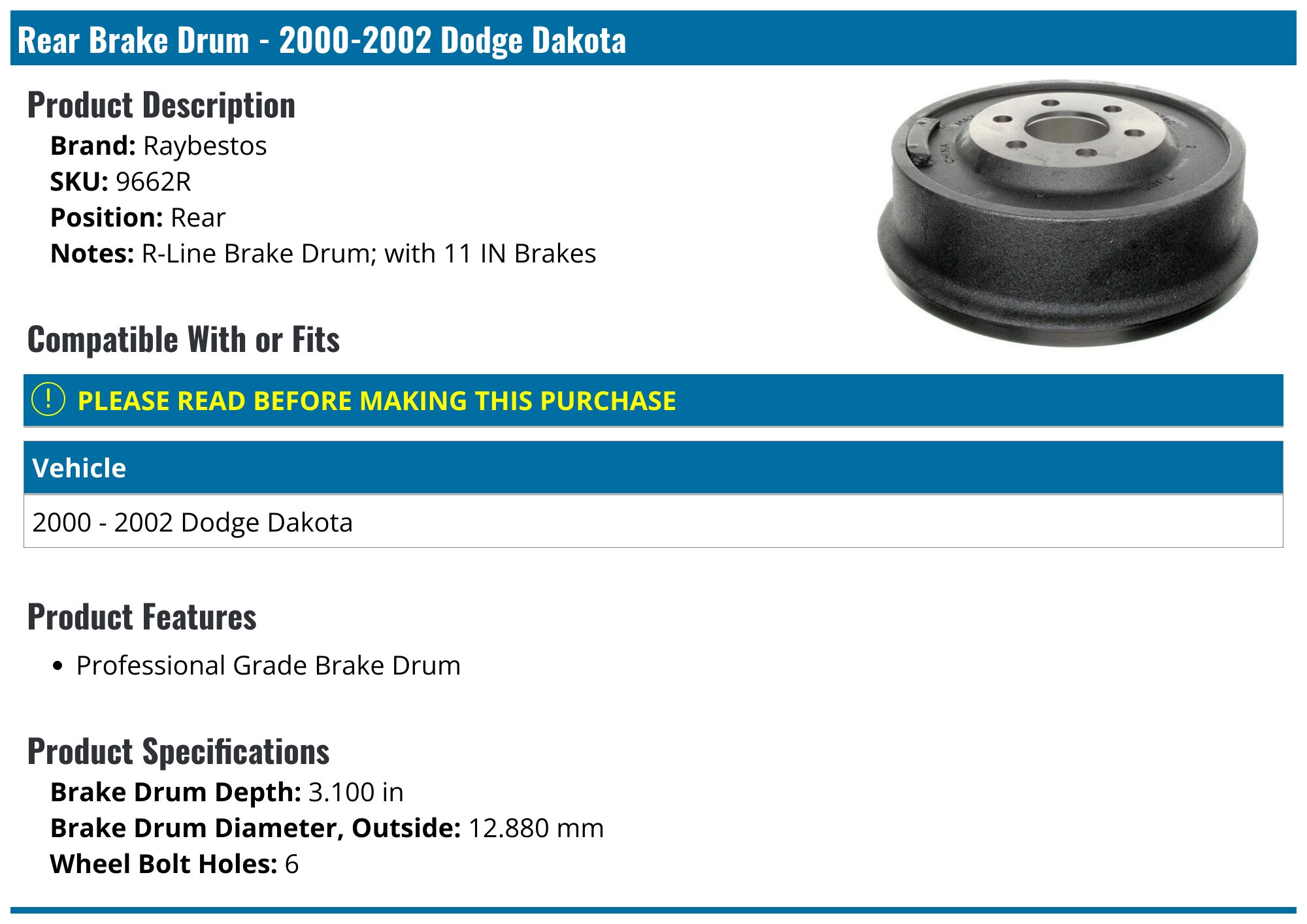 専用ページ ⑥ 2000-2002 Dodge Dakota Brake Drum - Raybestos 9662R - Rear