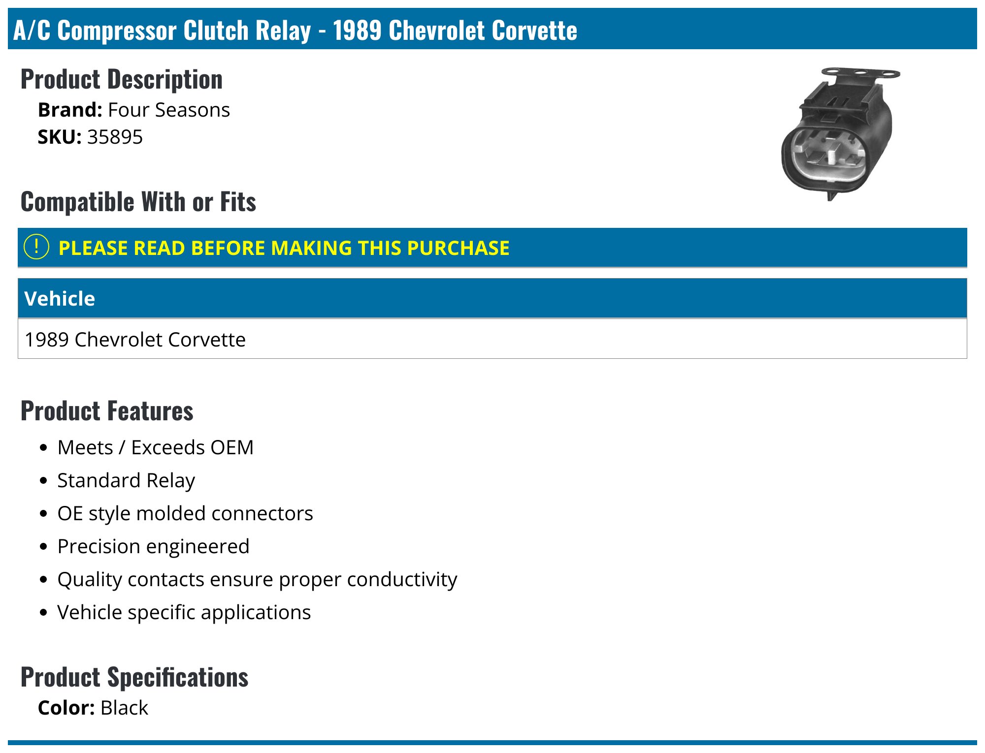 enu 1989 Chevrolet Corvette A/C Compressor Clutch Relay - Four Seasons