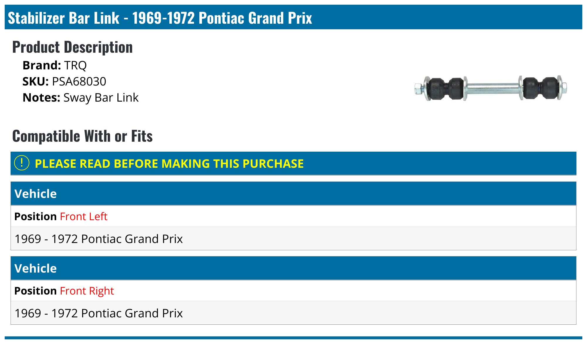 1969-1972 Pontiac Grand Prix Sway Bar Link - TRQ PSA68030 - Front