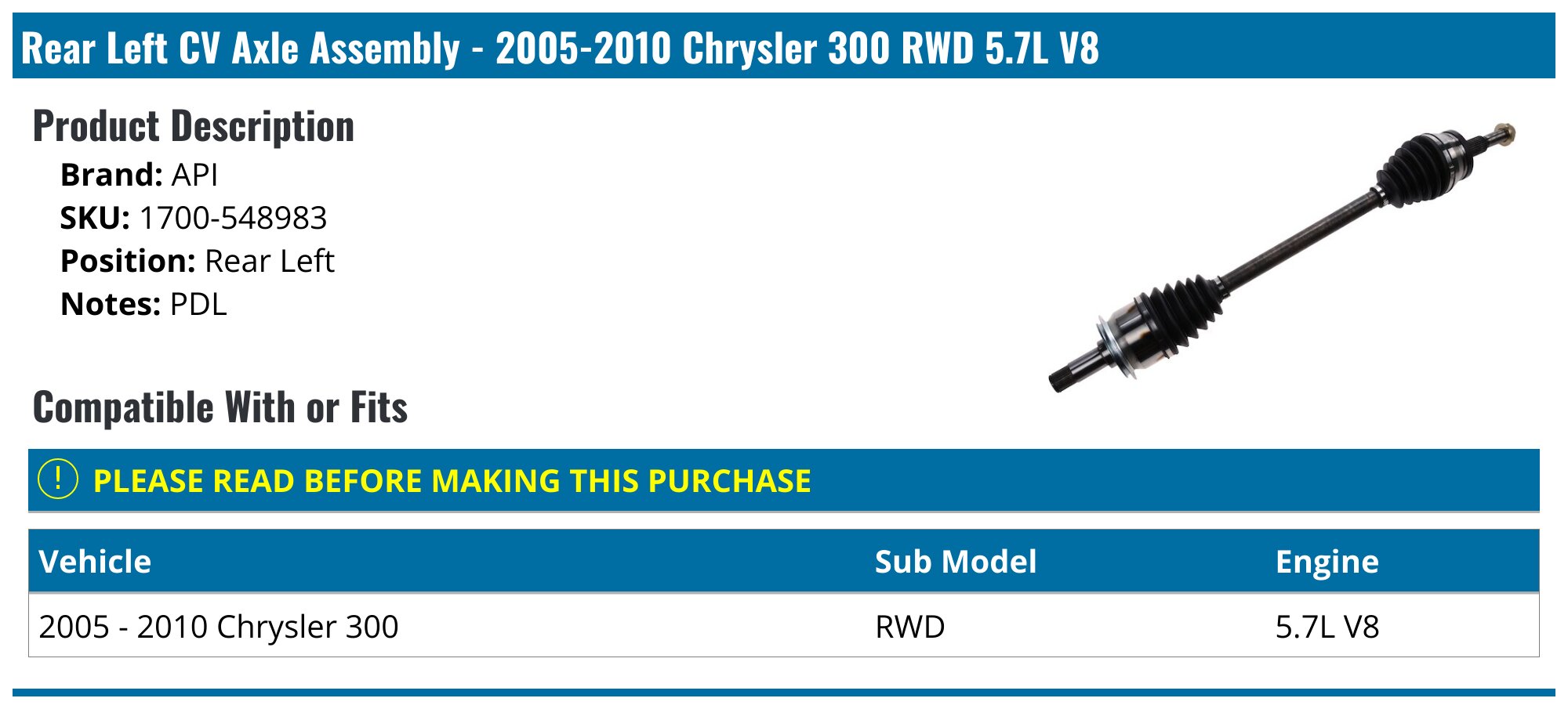 2005-2010 Chrysler 300 Axle Assembly - API 18229-07848118 - Rear