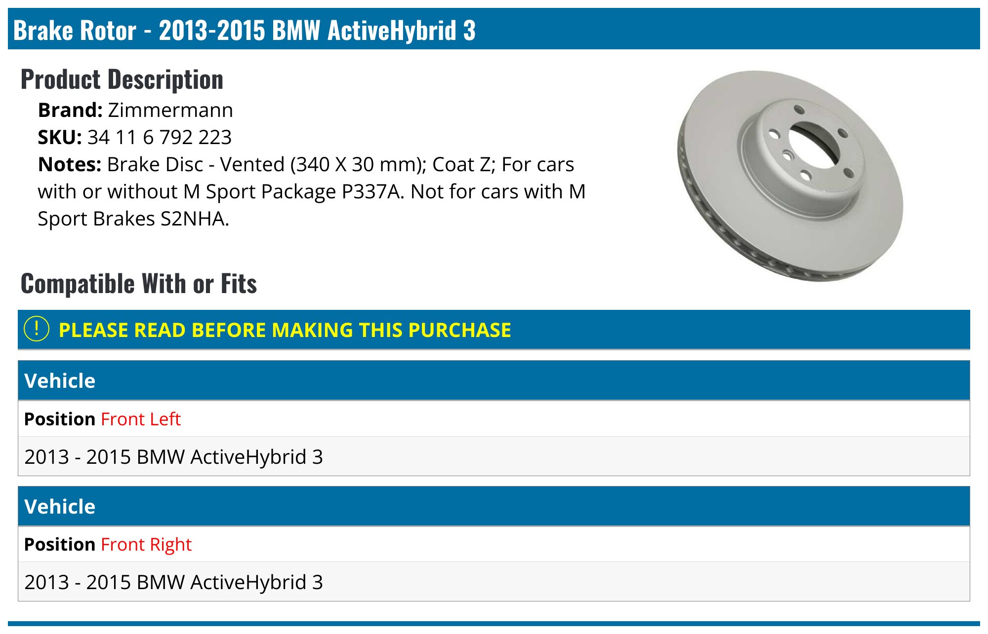 2013-2015 BMW ActiveHybrid 3 Brake Rotor - Zimmermann 34 11 6 792