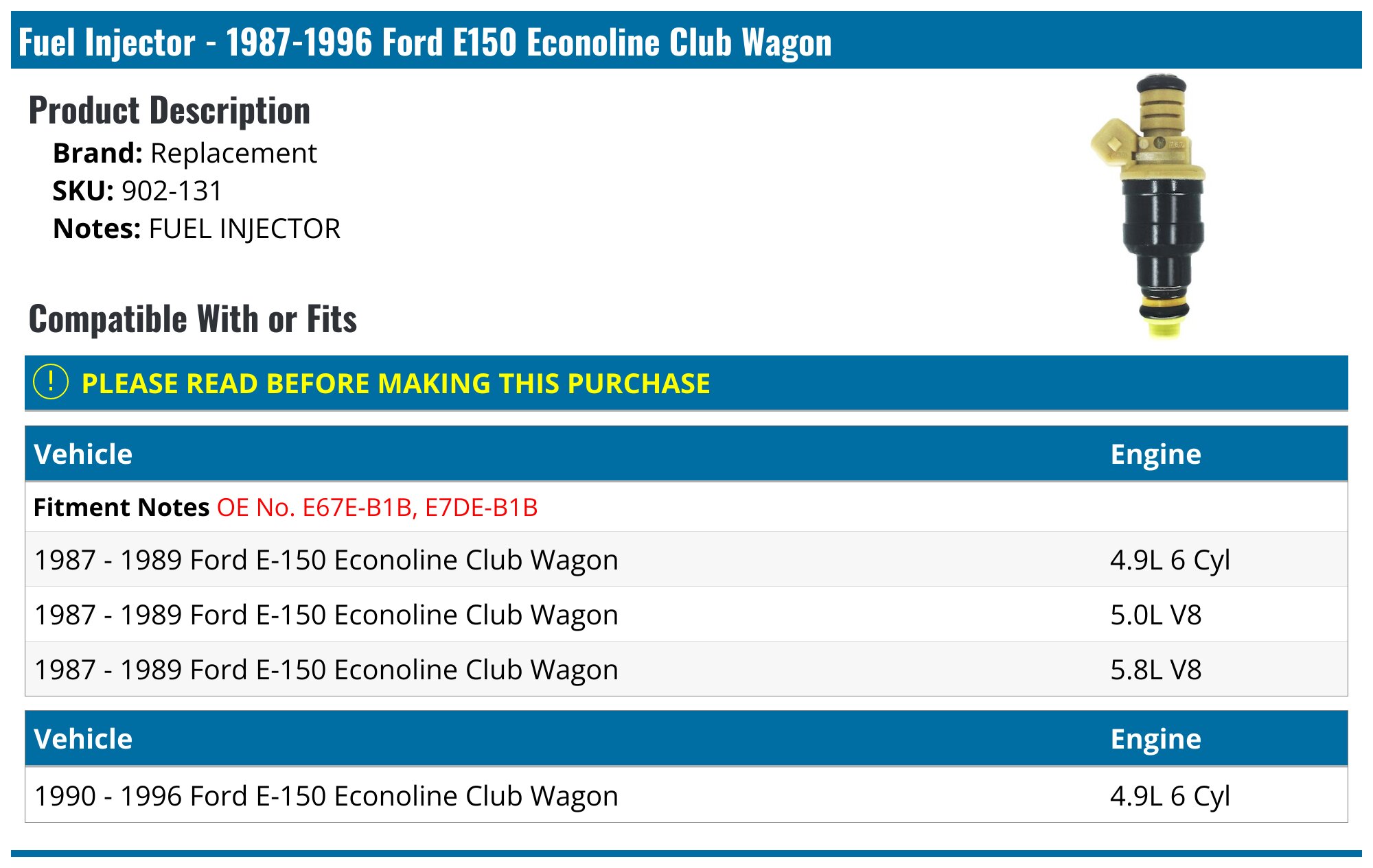 1987-1996 Ford E150 Econoline Club Wagon Fuel Injector
