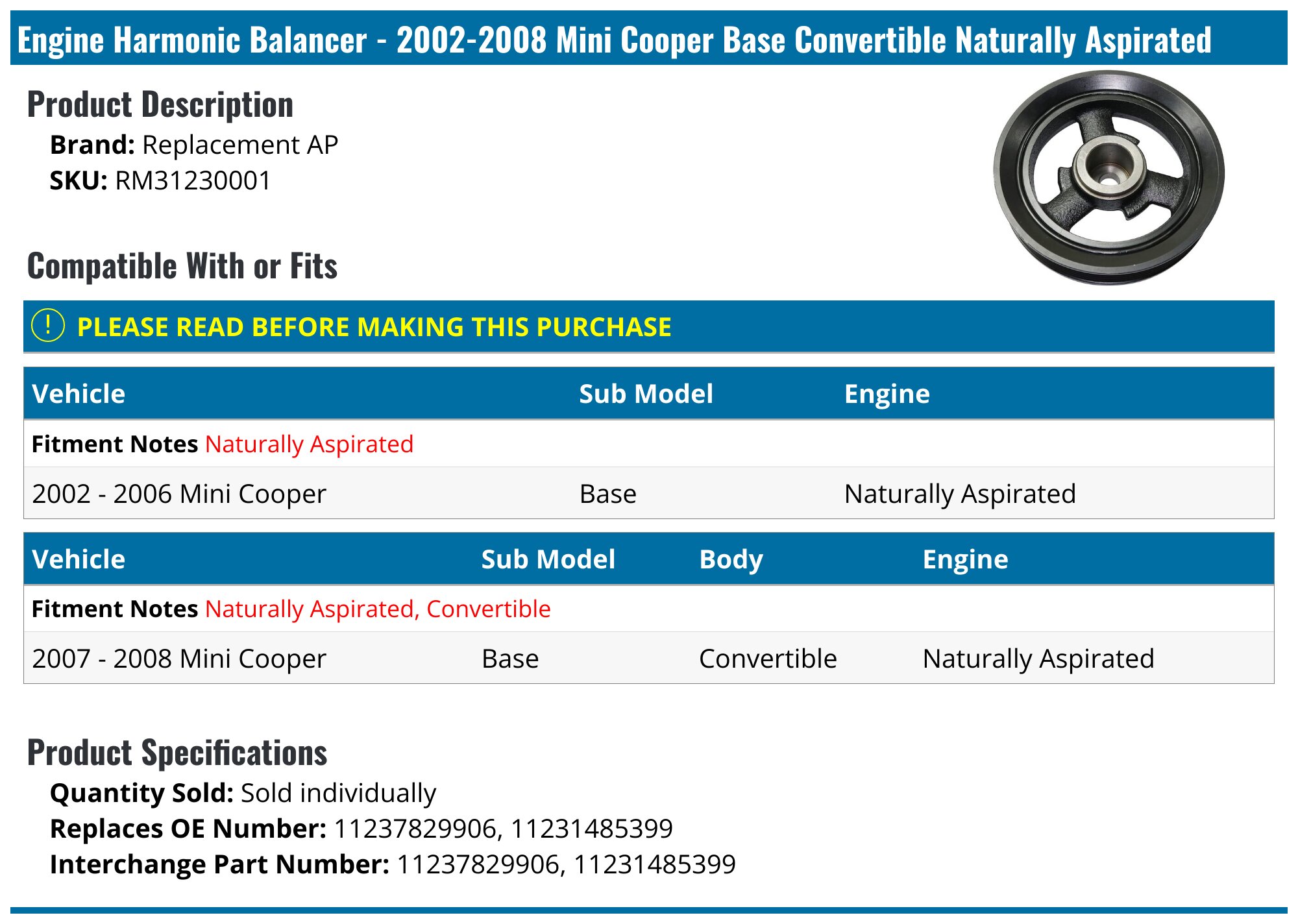 2002-2008 Mini Cooper Engine Harmonic Balancer - Replacement AP ...