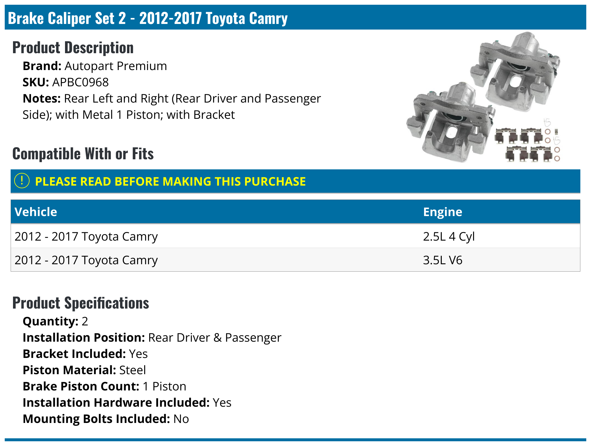 2012-2017 Toyota Camry Brake Caliper - Autopart Premium APBC0968