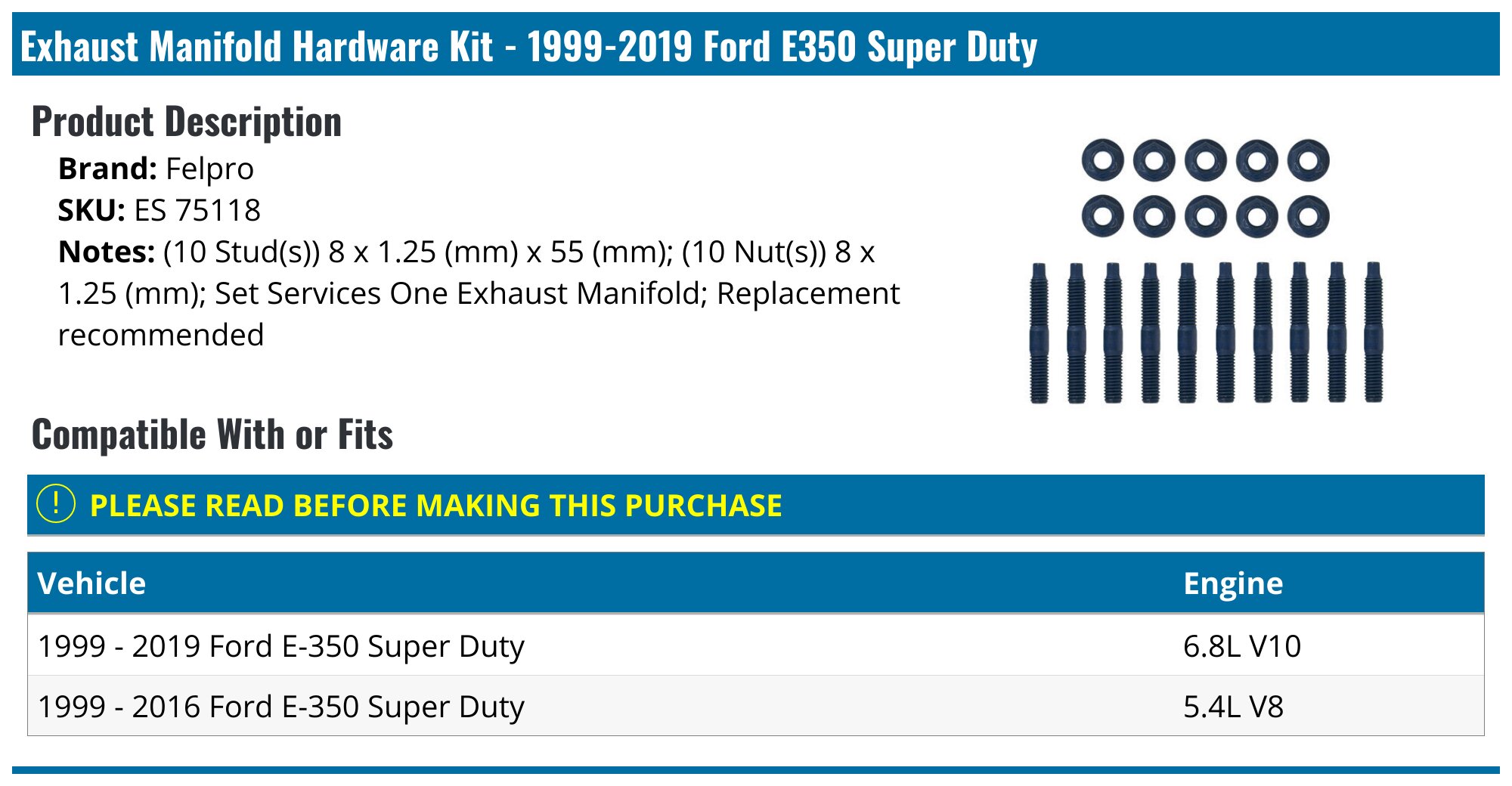！！ 1999-2019 Ford E350 Super Duty Exhaust Manifold - Felpro ES 75118
