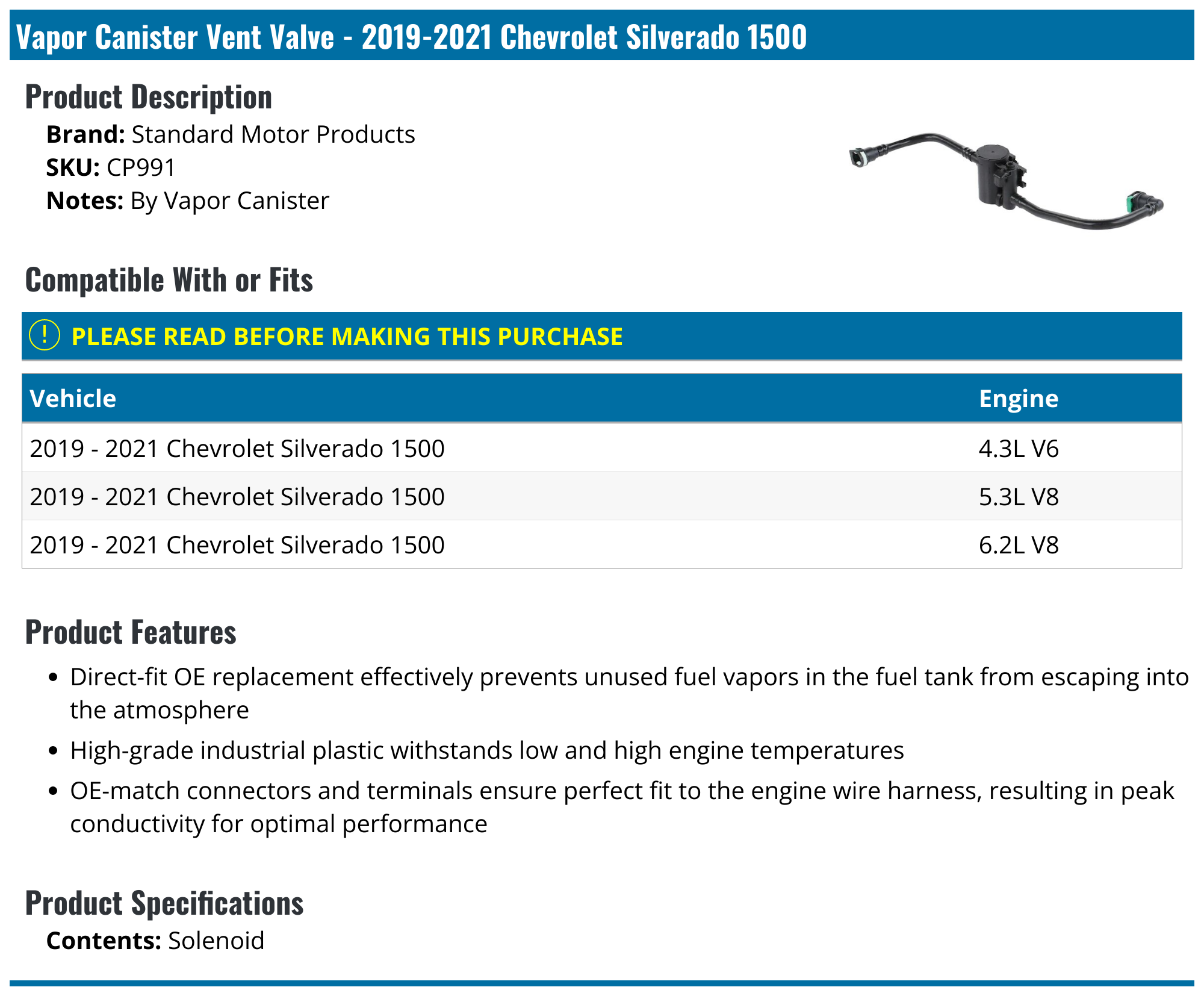 2019-2024 Chevrolet Silverado 1500 Vapor Canister Vent Valve