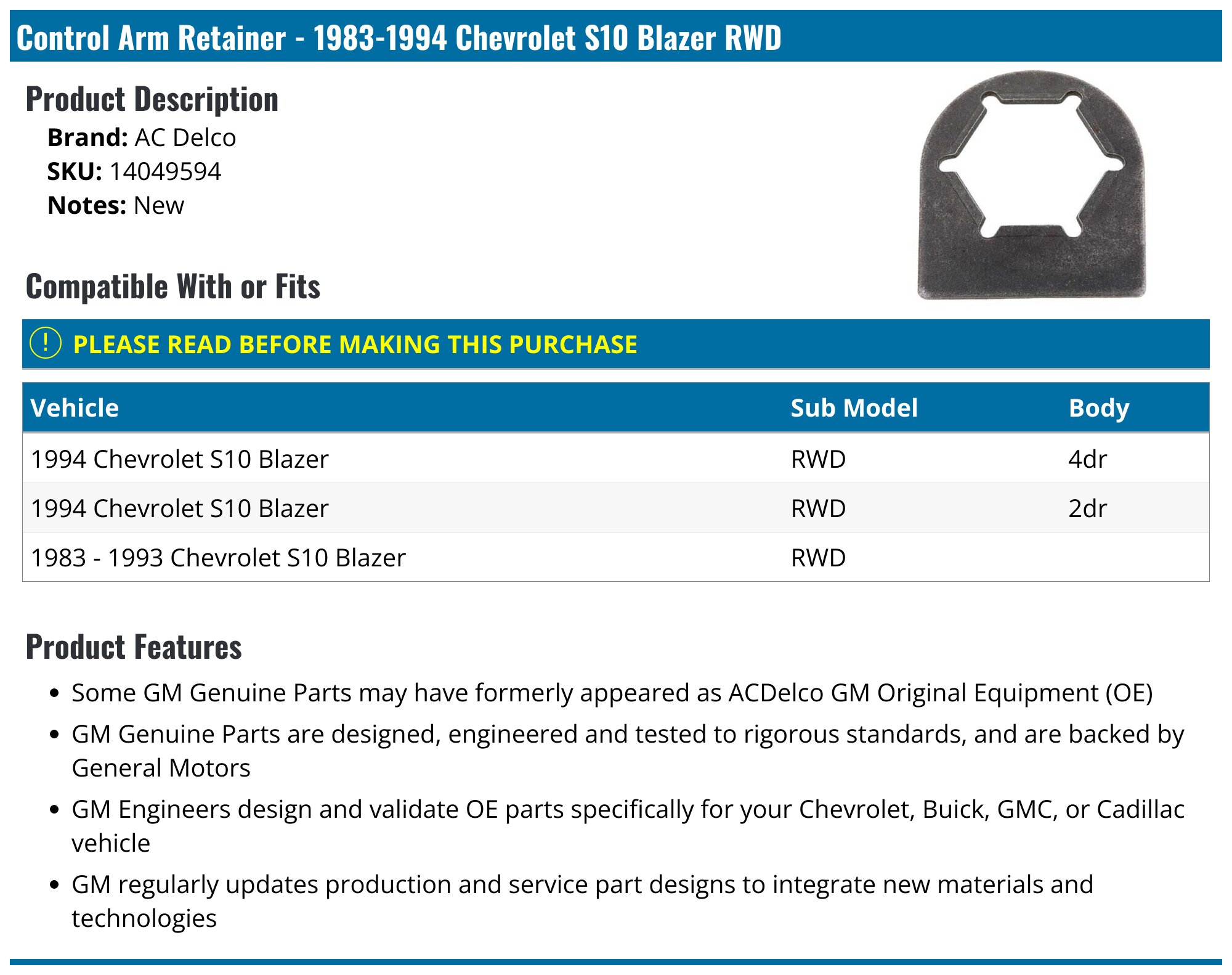 1983-1994 Chevrolet S10 Blazer Control Arm Retainer - AC Delco 14049594 ...