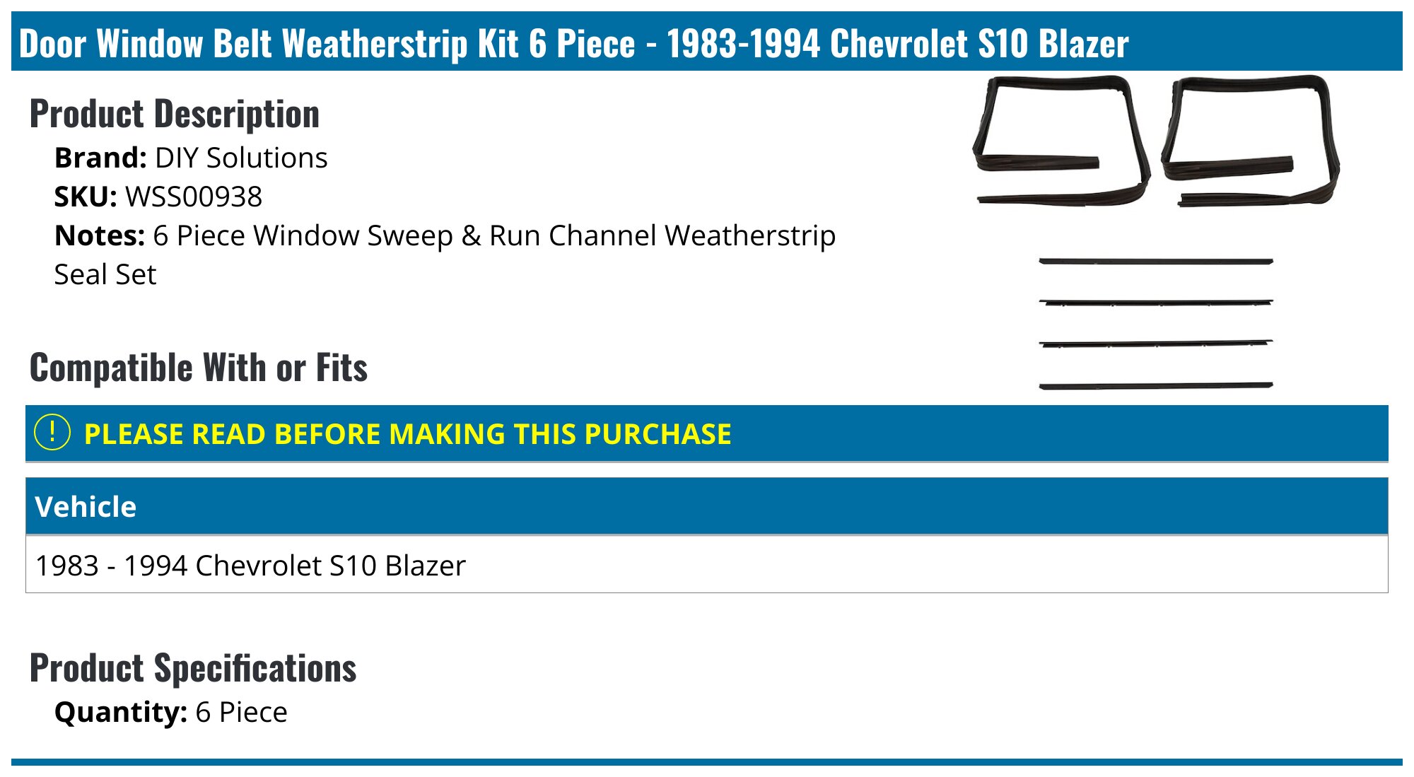 1983-1994 Chevrolet S10 Blazer Door Window Belt Weatherstrip Kit