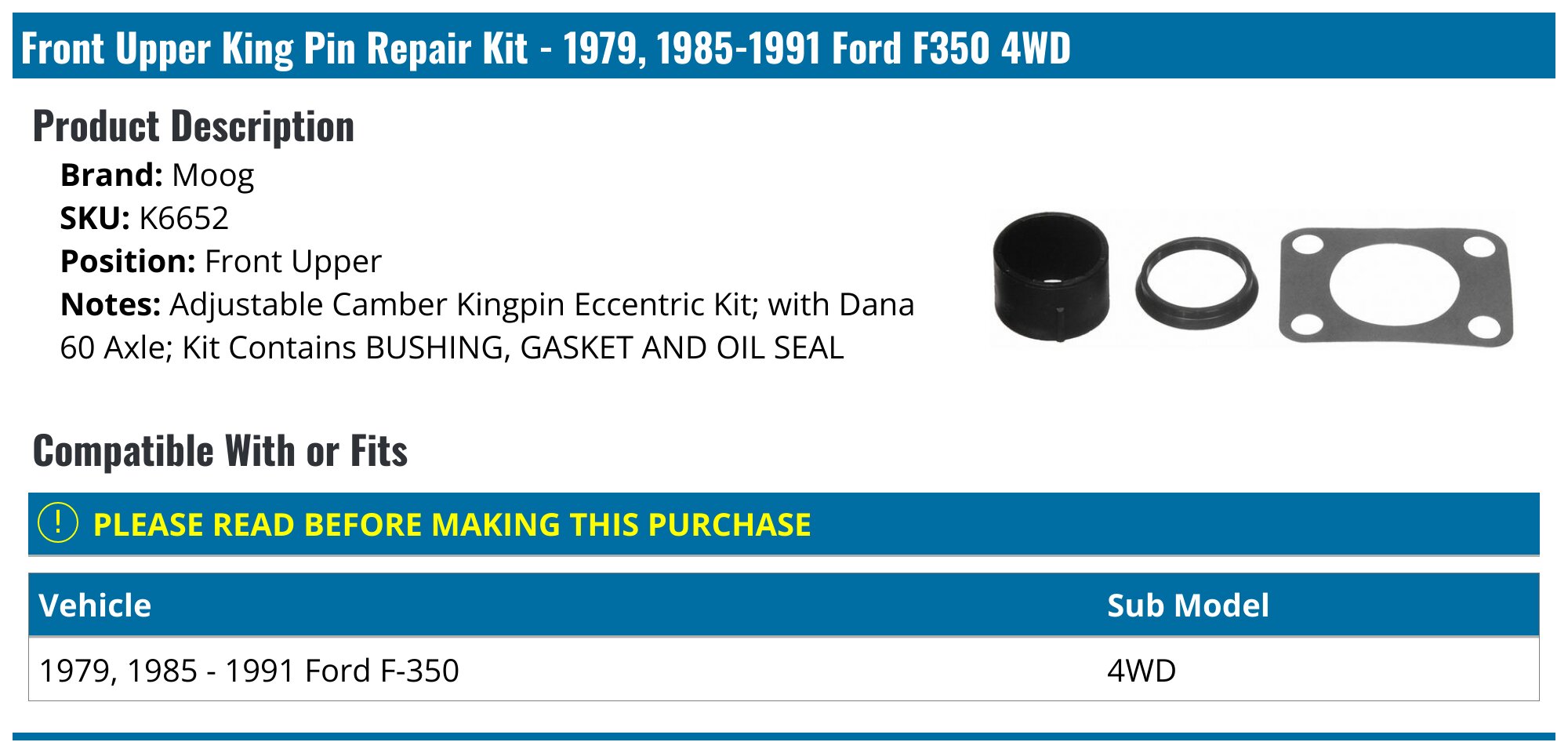 1979, 1985-1991 Ford F350 King Pin Repair Kit - Moog K6652 - Front