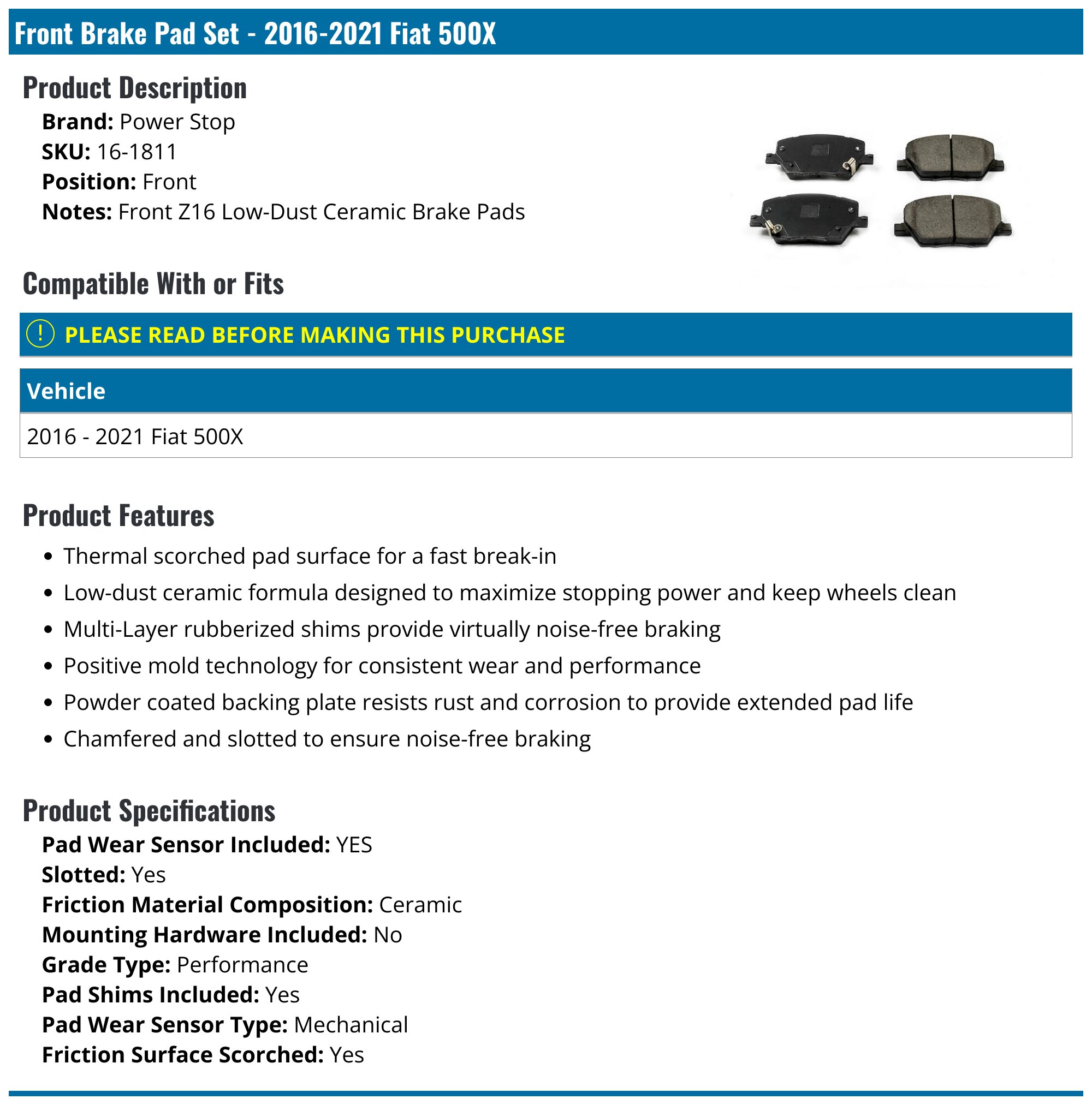 2016-2023 Fiat 500X Brake Pad Set - Power Stop 16-1811 - Front
