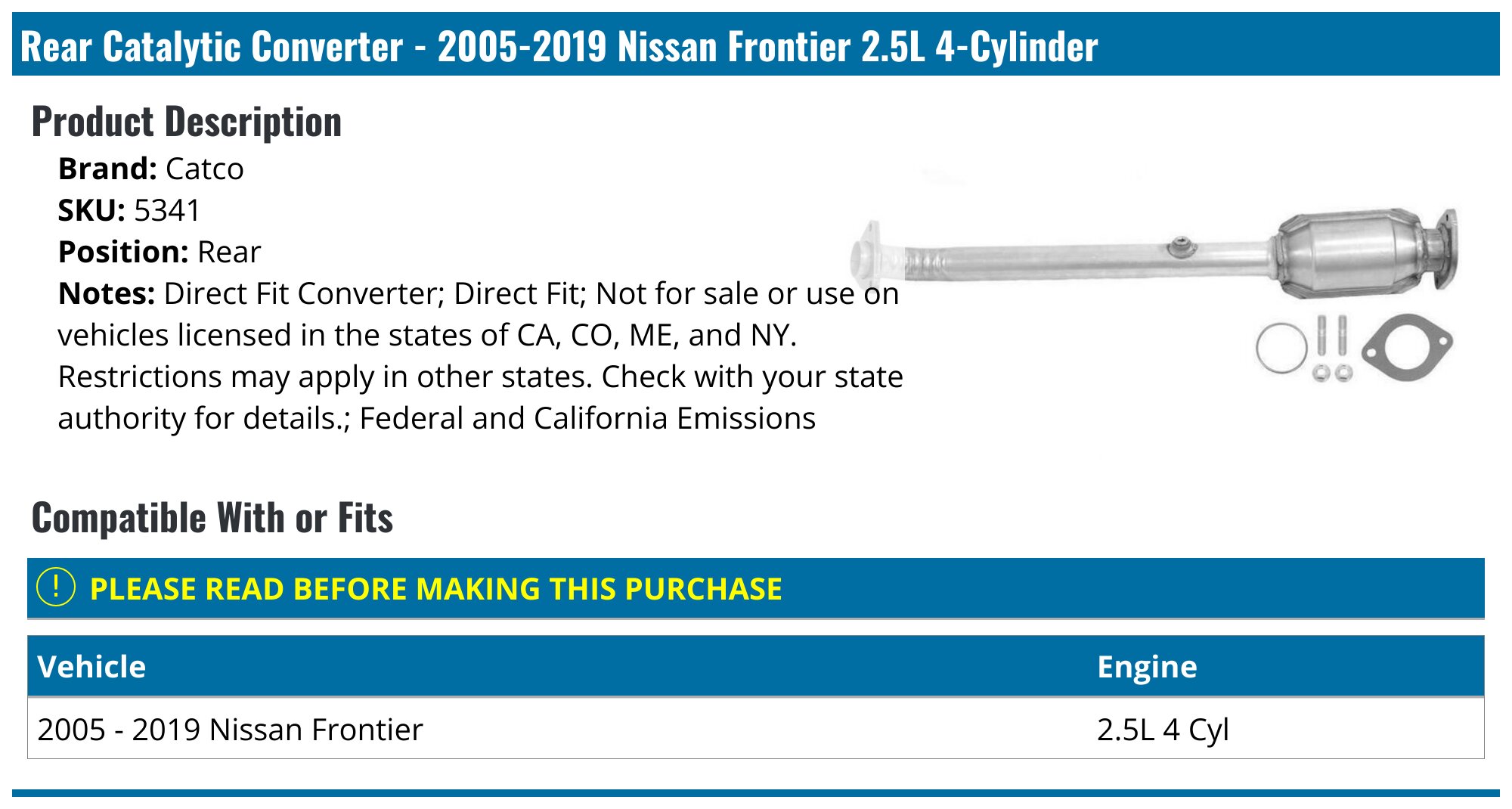 Both Direct Fit Catalytic Converters For Nissan Frontier 2.5L 2005-2019 – EPA Certified, W/ Hardware