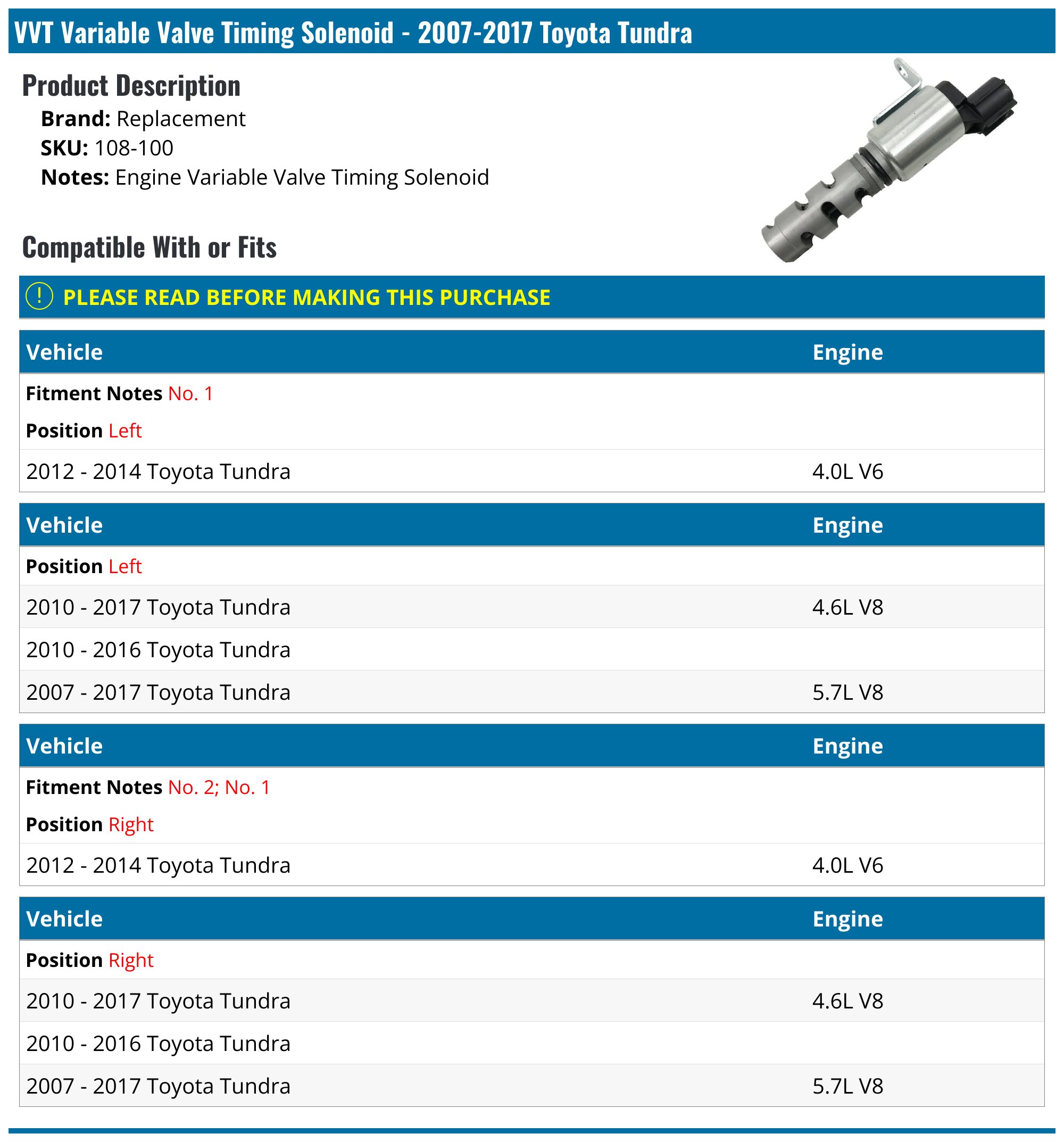 2007-2017 Toyota Tundra Variable Timing Solenoid - Replacement 108