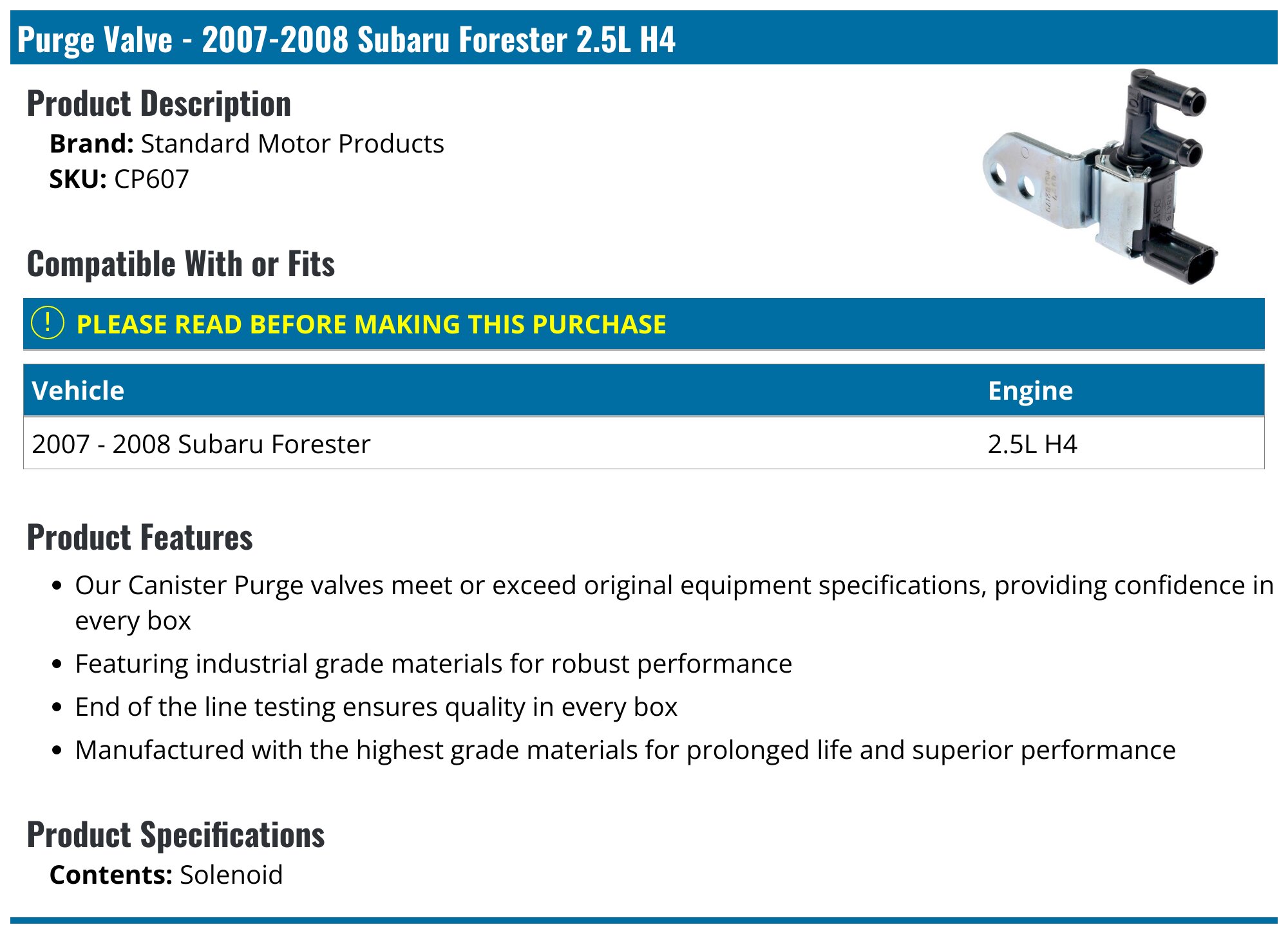 2007-2008 Subaru Forester Purge Valve - Standard Motor Products