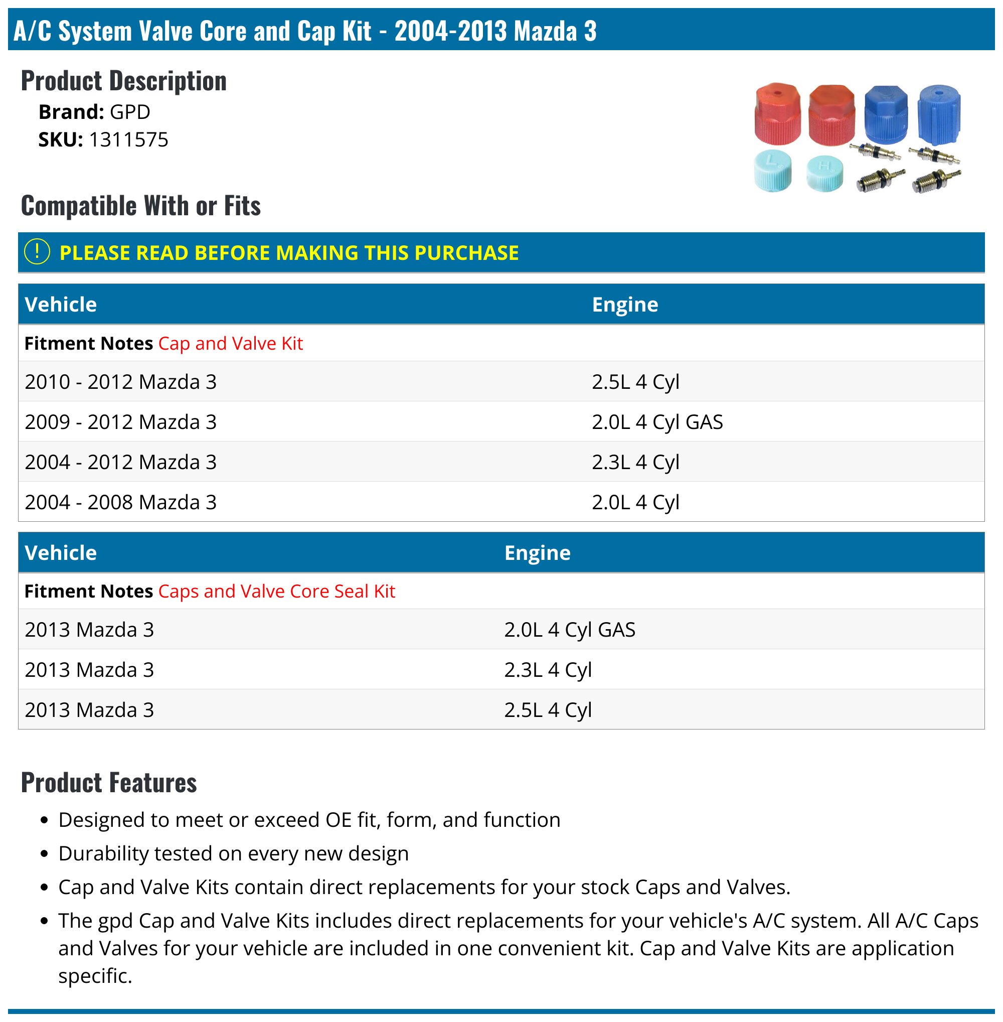 2004-2017 Mazda 3 A/C System Valve Core and Cap Kit - GPD 1311575