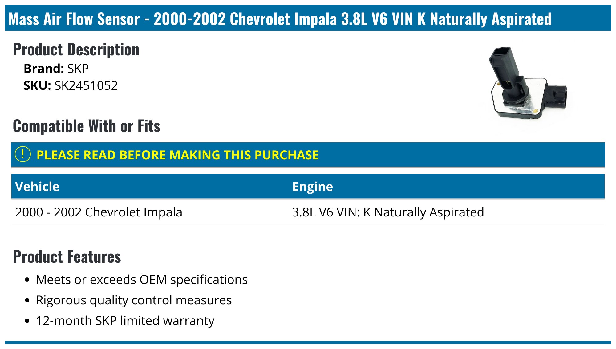 2000-2002 Chevrolet Impala Air Mass Sensor - SKP SK2451052