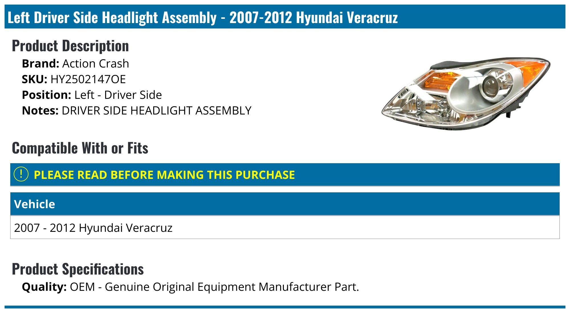 2007-2012 Hyundai Veracruz Headlight Assembly - Action Crash ...