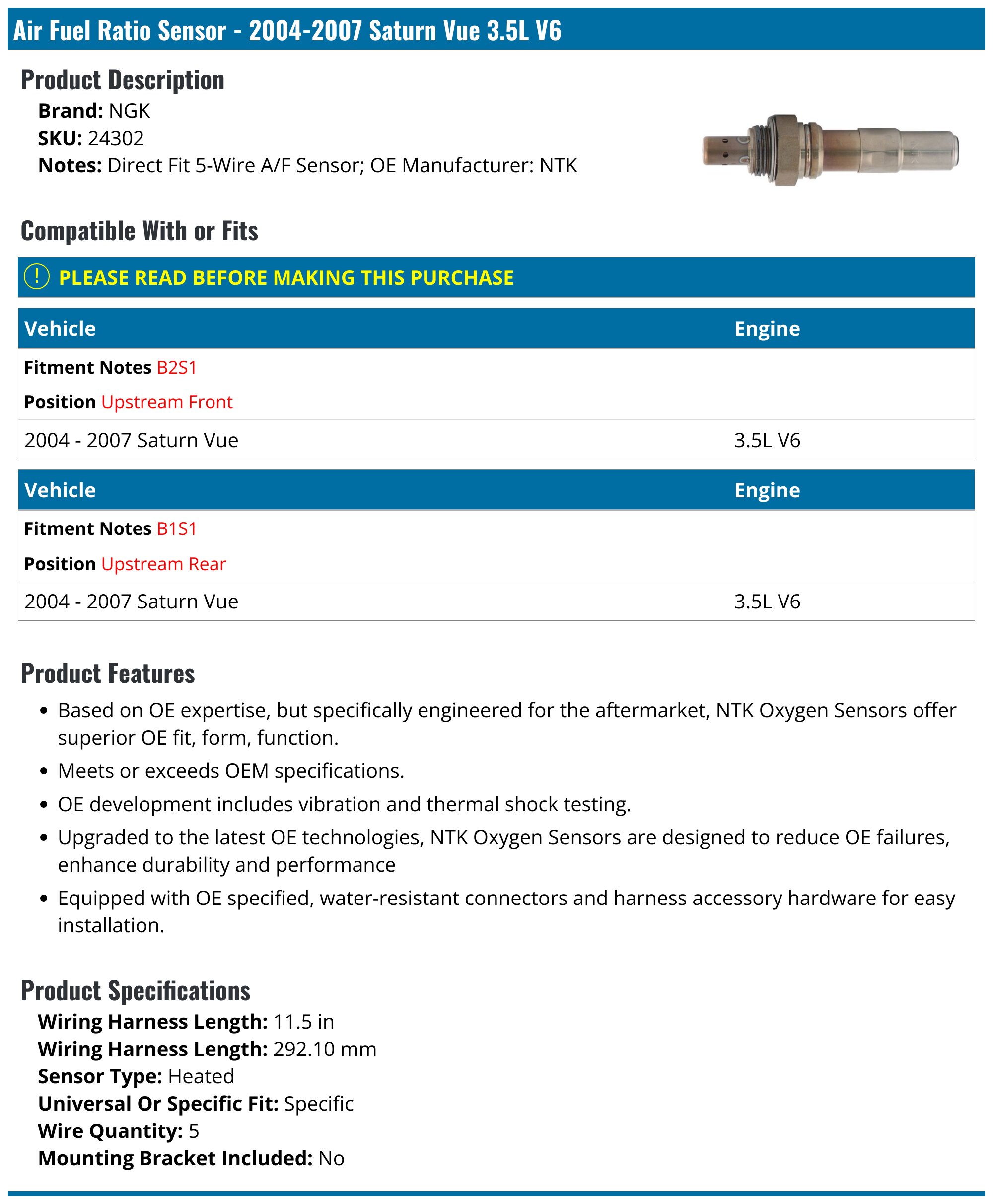 2004-2007 Saturn Vue Oxygen Sensor - NGK 24302 - Upstream Rear ...