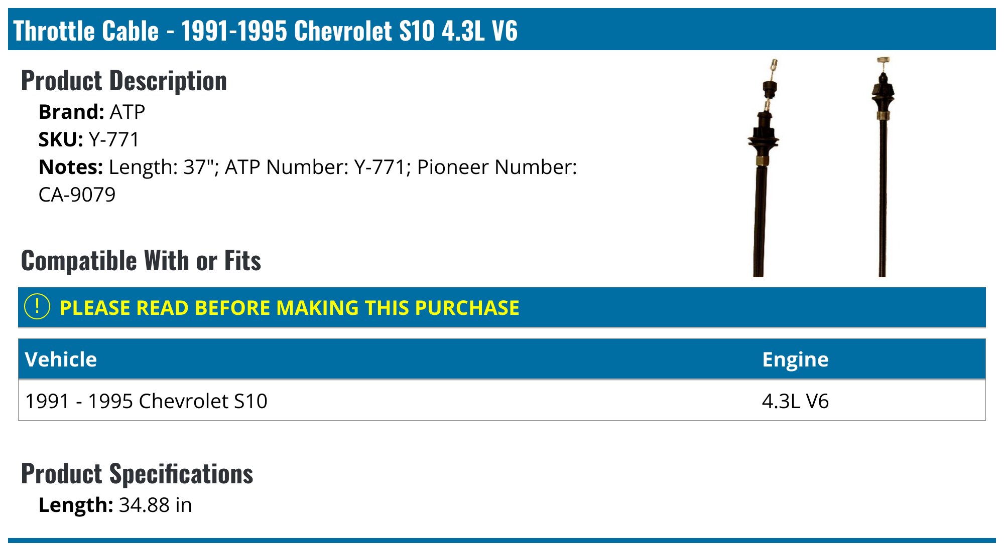 Pioneer Throttle Cable For 1996-1997 Chevrolet S10 – Carburetor Accelerator Cable