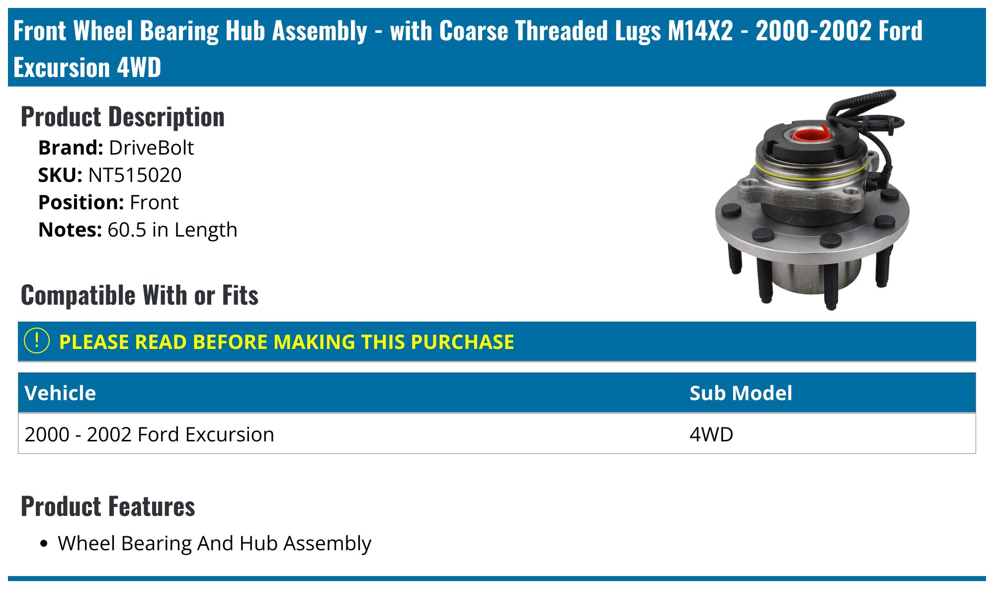 2000-2002 Ford Excursion Wheel Hub Assembly - DriveBolt NT515020 ...