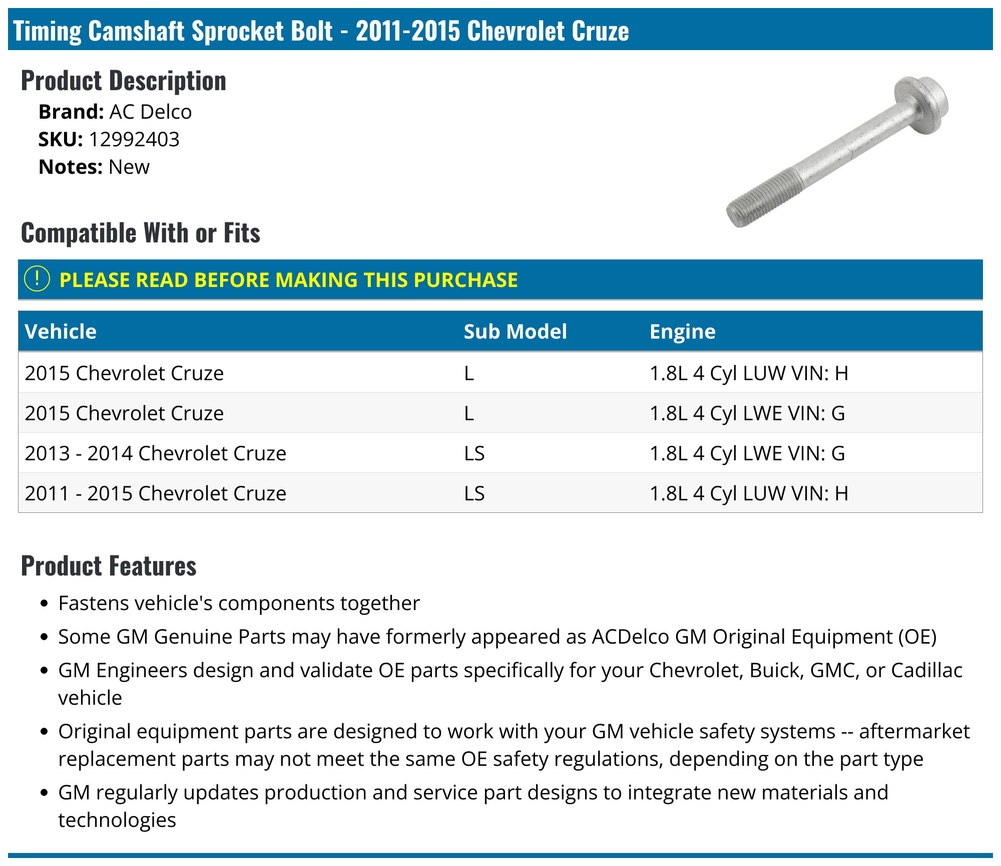 GM Genuine Camshaft Sprocket Bolt | 12992403 | GM