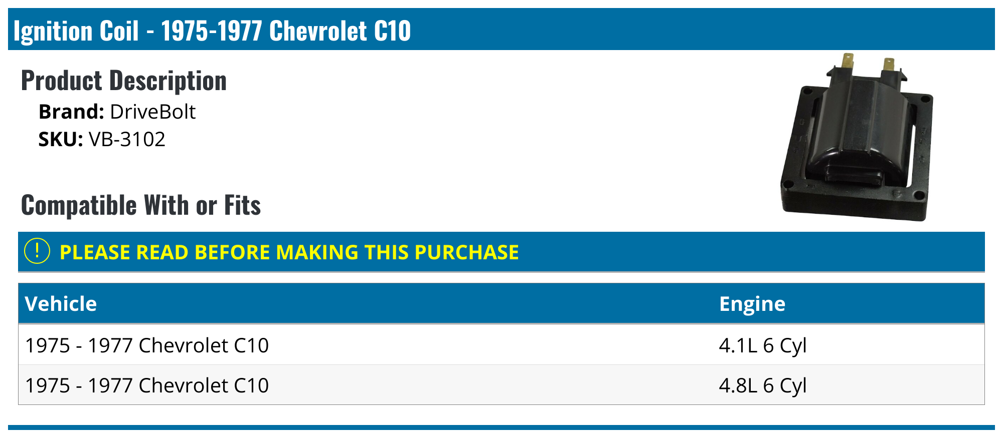 19751977 Chevrolet C10 Ignition Coil DriveBolt VB3102