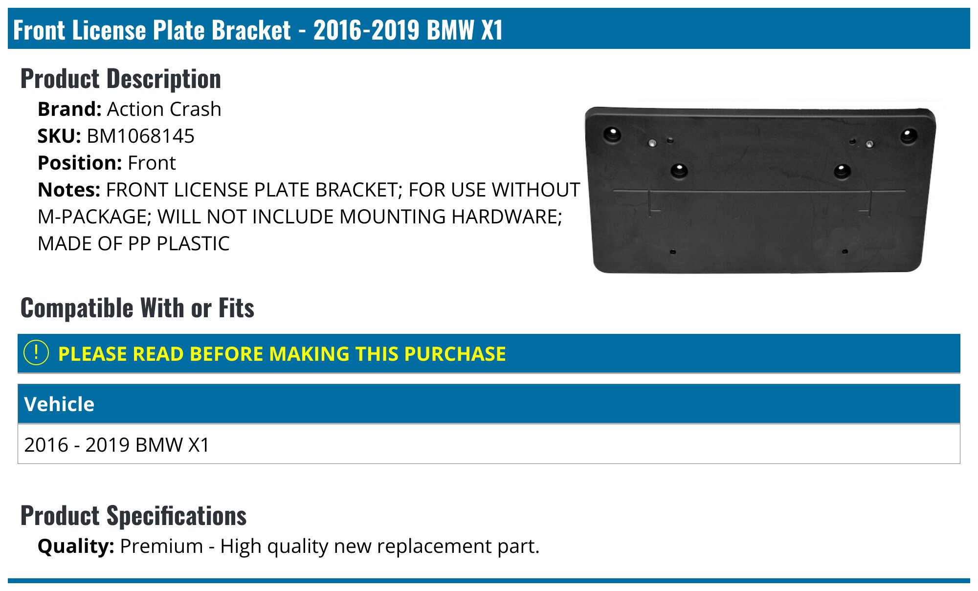 2016-2019 BMW X1 License Plate Bracket - Action Crash BM1068145 - Front ...