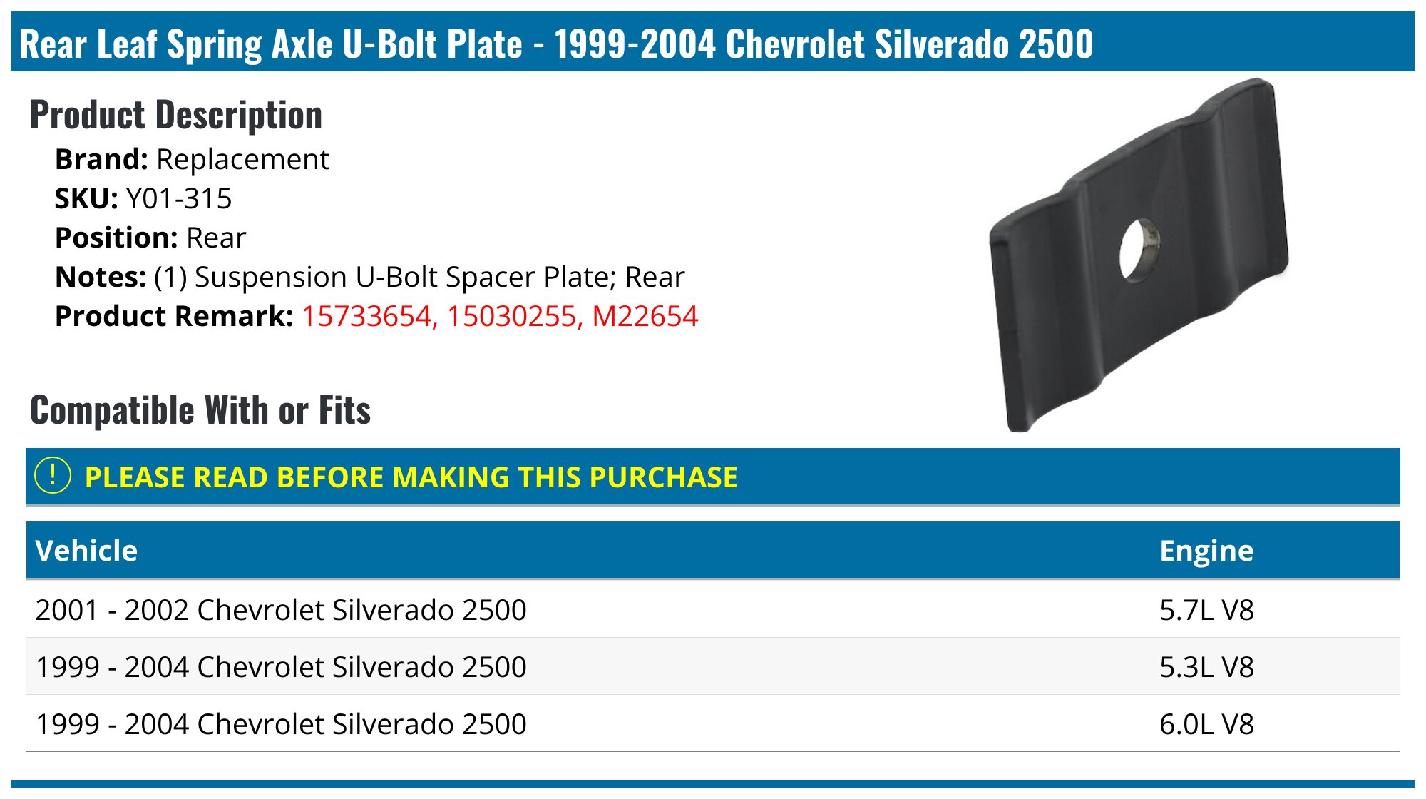 1999-2004 Chevrolet Silverado 2500 Leaf Spring Axle U-Bolt Plate ...