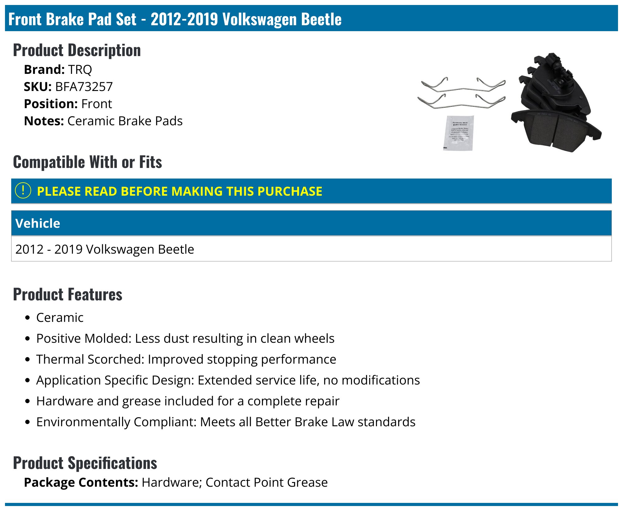 Sinwonparts Ceramic Brake Pad Set – Front & Rear For Volkswagen Beetle 2012-2015, Low Dust