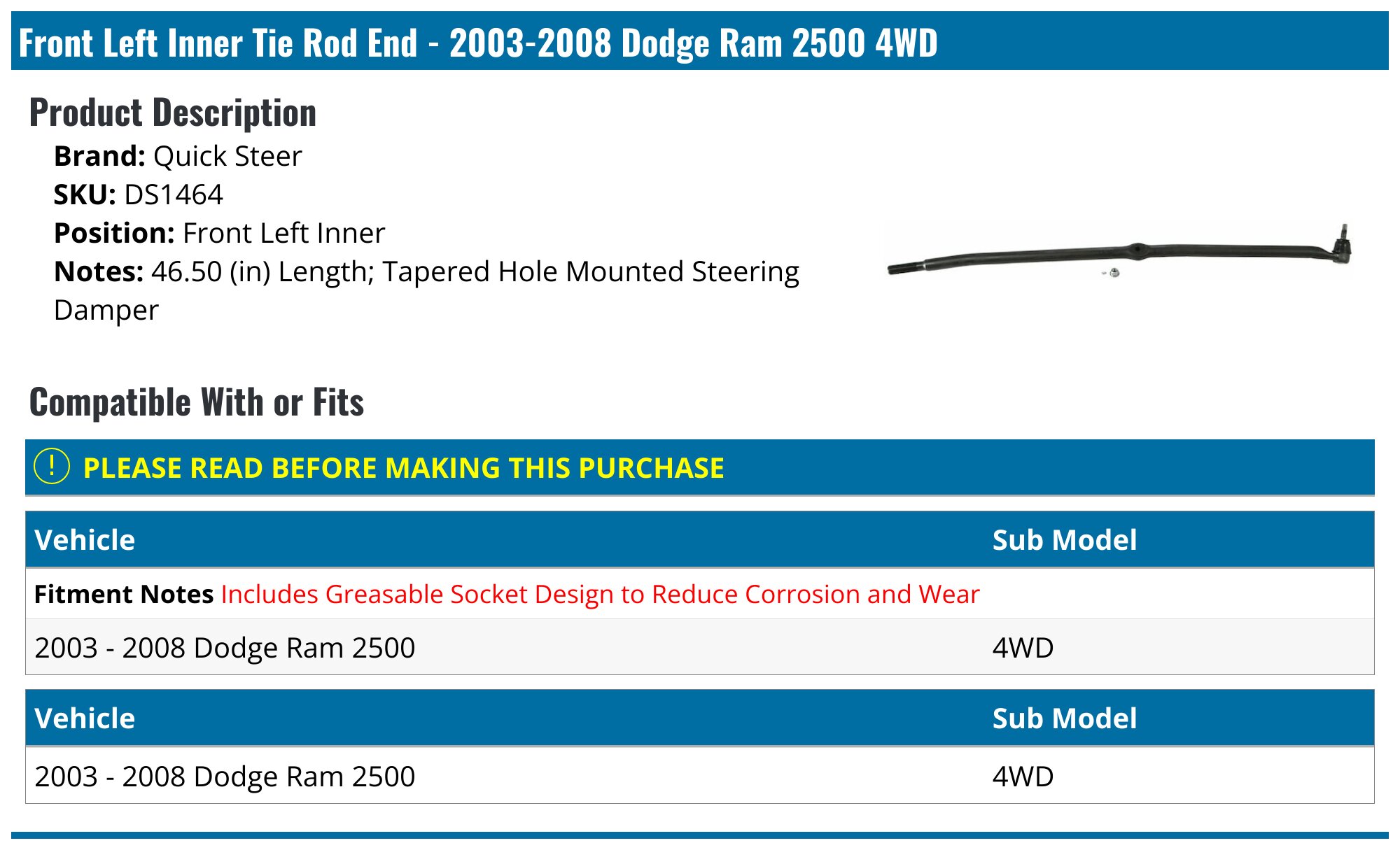 Autopartsclub2018 Front Steering Tie Rod End Set For Dodge Ram 1500/2500/3500 (2003-2008) - 8 Pieces, Greasable, Rust Protected